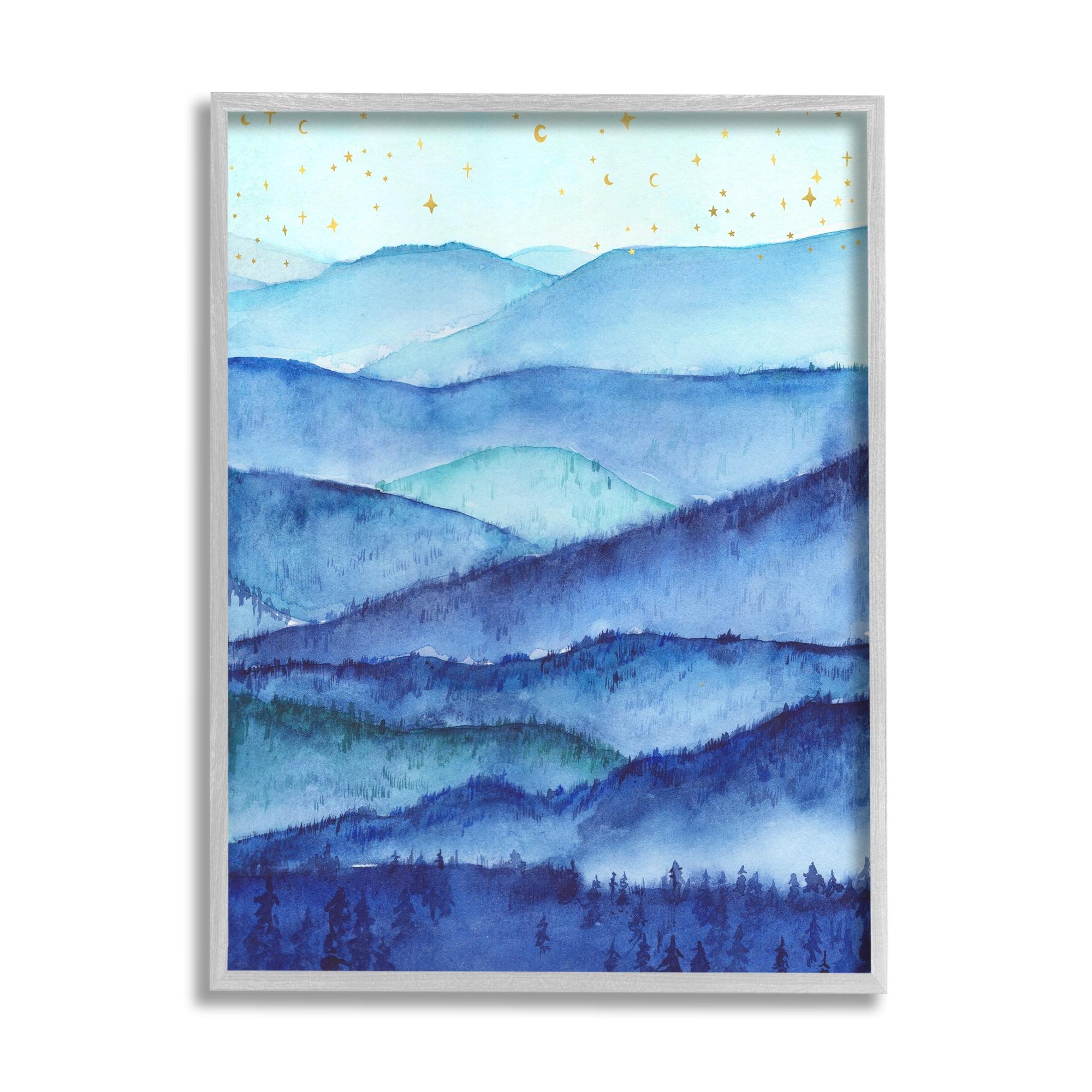 Stupell Industries Blue Mountains Trees Scenery Shining Stars Sky Black Framed Giclee Art