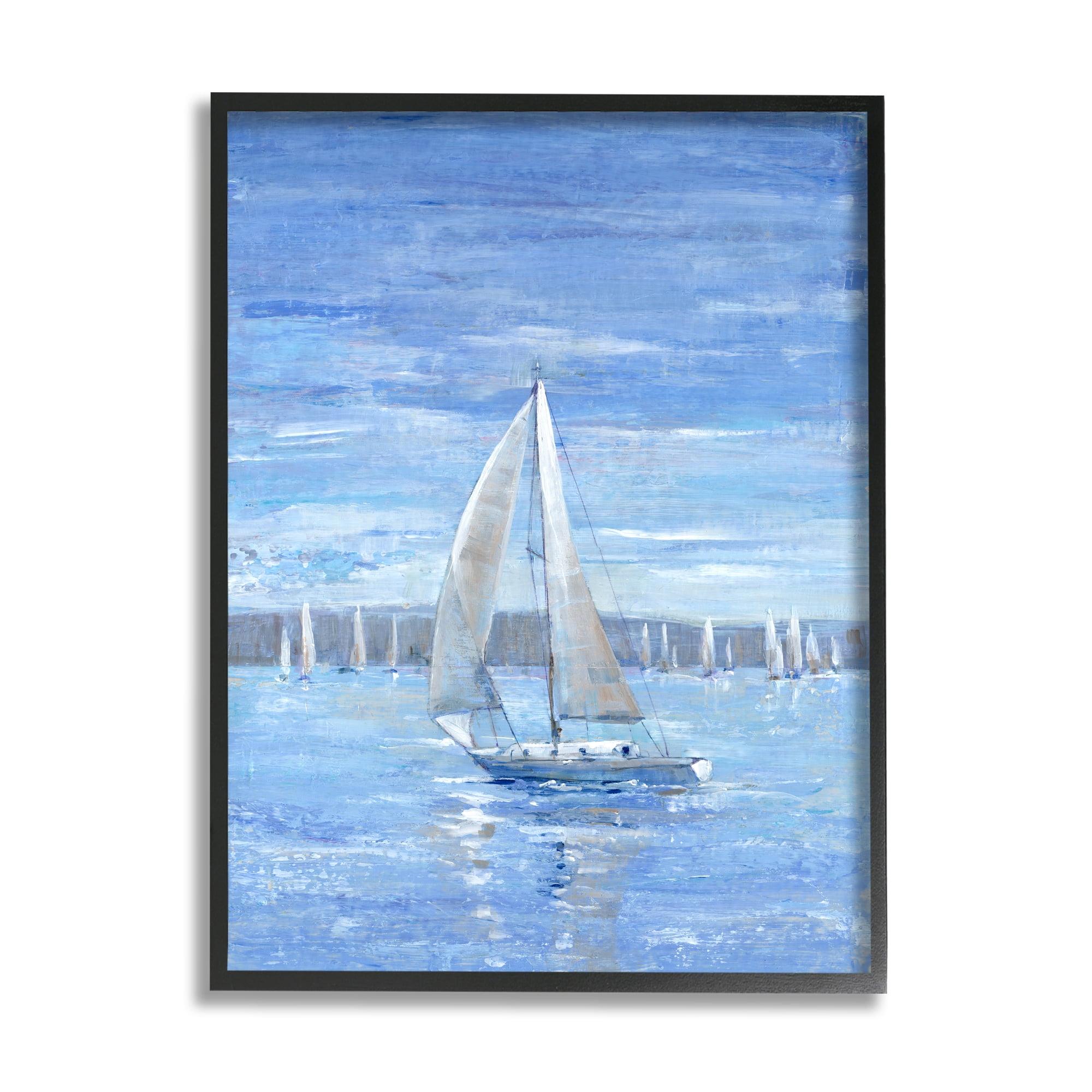 Stupell Industries Blue Sailboat Painting Transportation Painting Black Framed Art Print Wall Art, 24 x 30