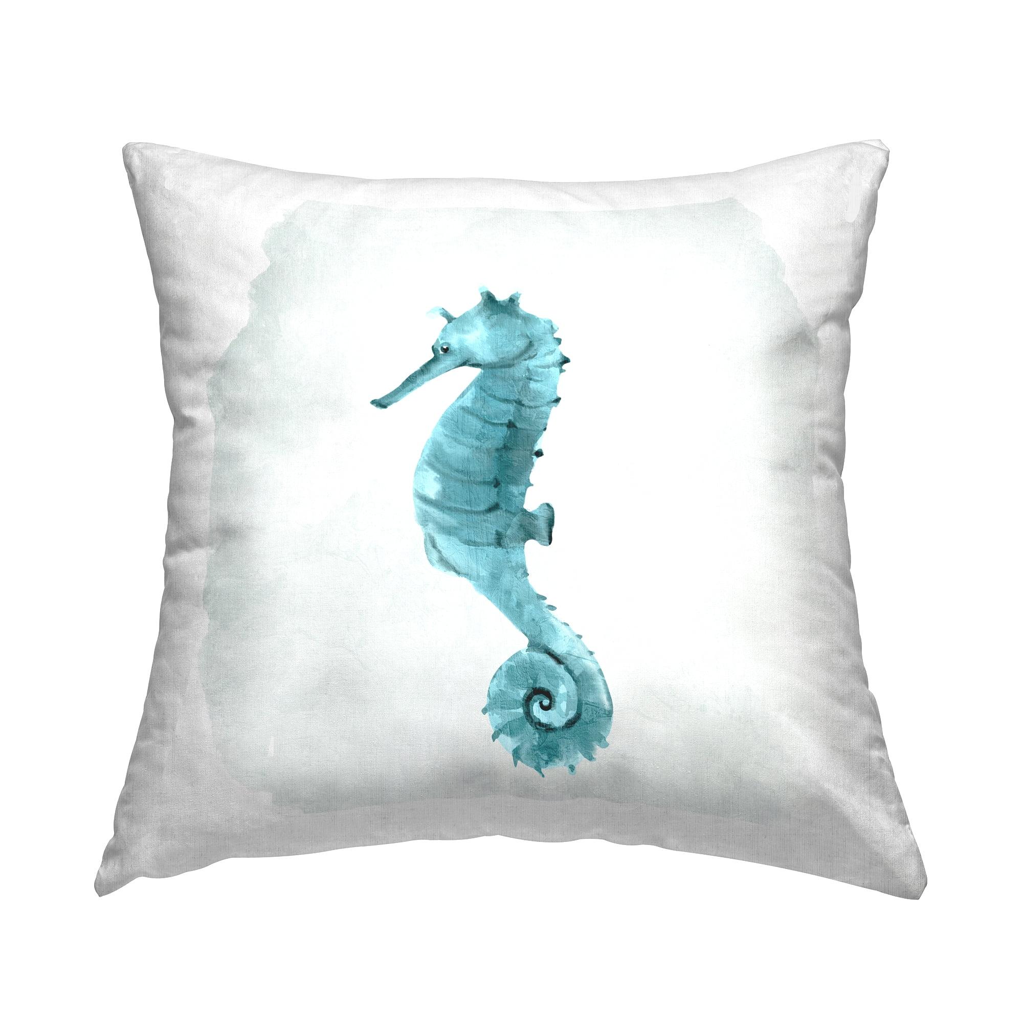 18" White and Blue Cotton Square Seahorse Throw Pillow