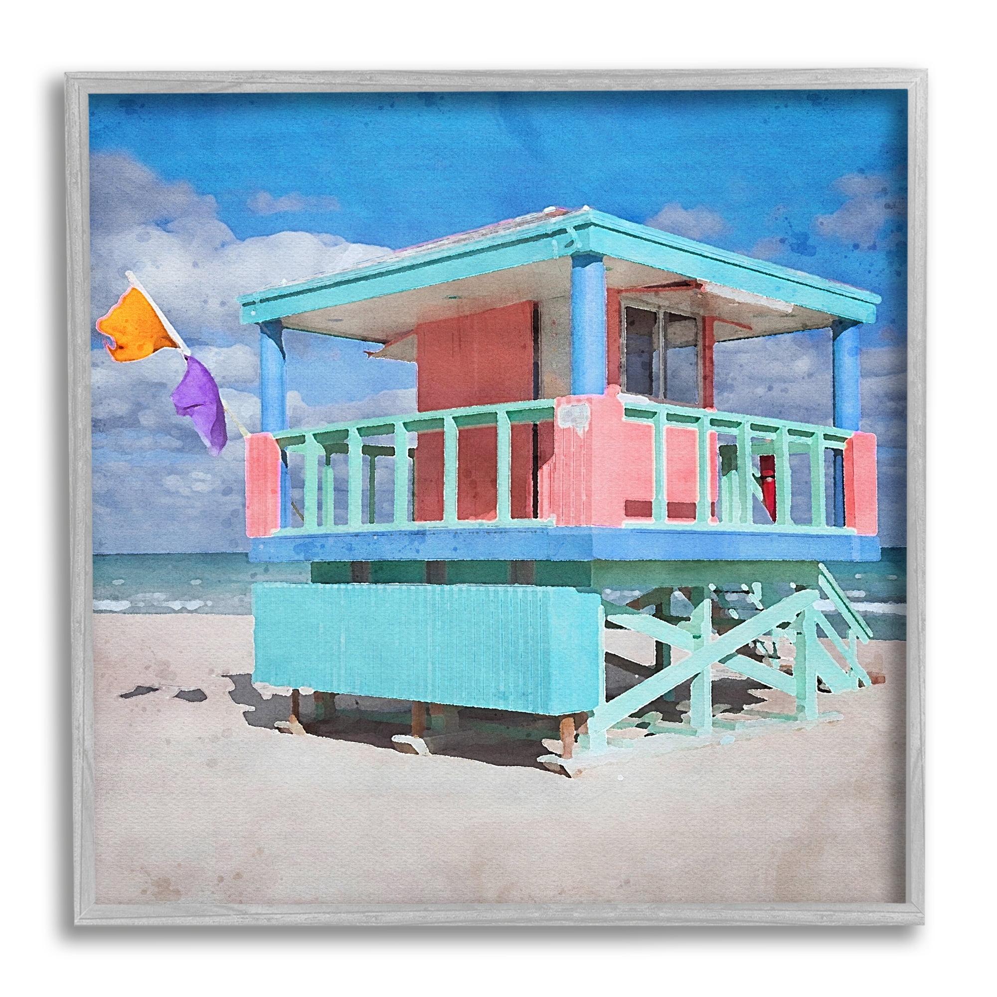 Stupell Industries Blue Summer Beach Hut Nature Painting Gray Framed Art Print Wall Art, 12 x 12