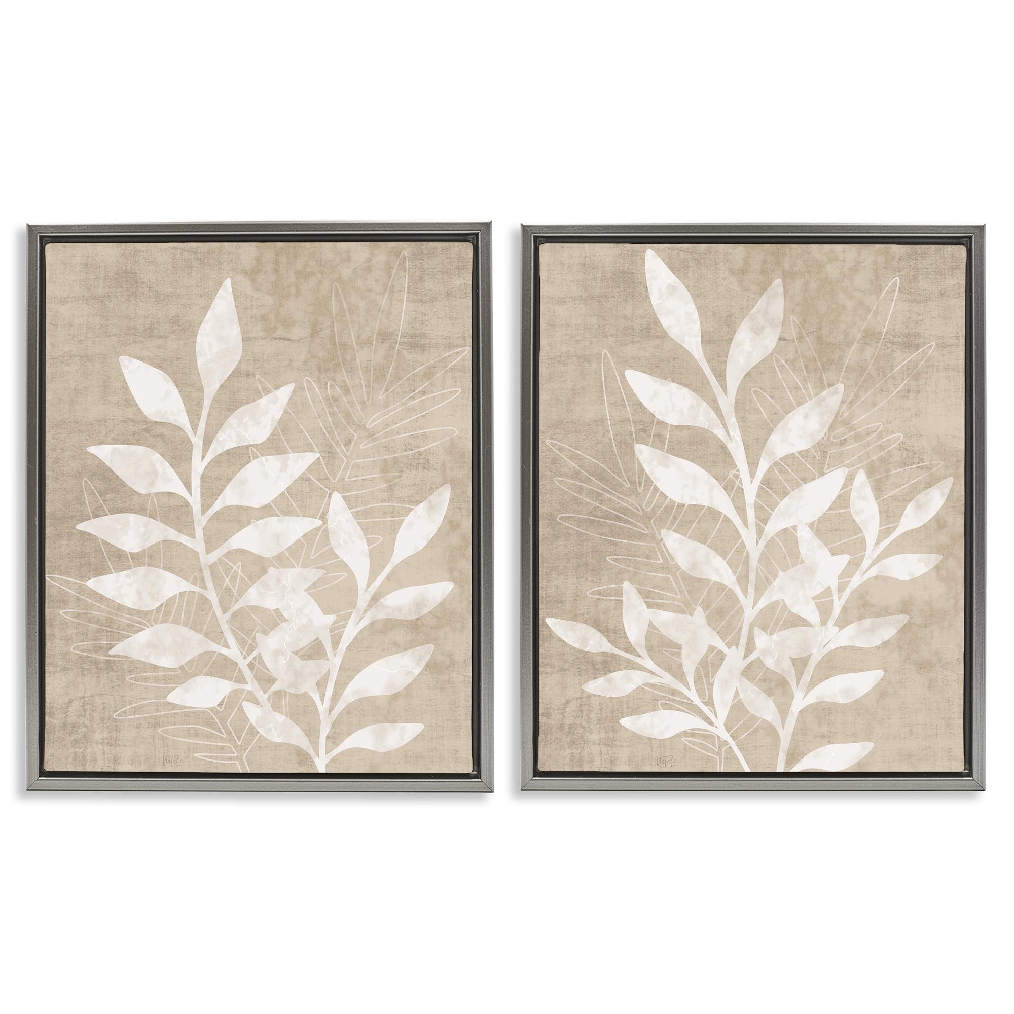 Stupell Industries Boho Botanical Leaf Silhouette Botanical & Floral Painting Gray Floater Framed Canvas Art Print Wall Art, 17 x 21, Set of 2