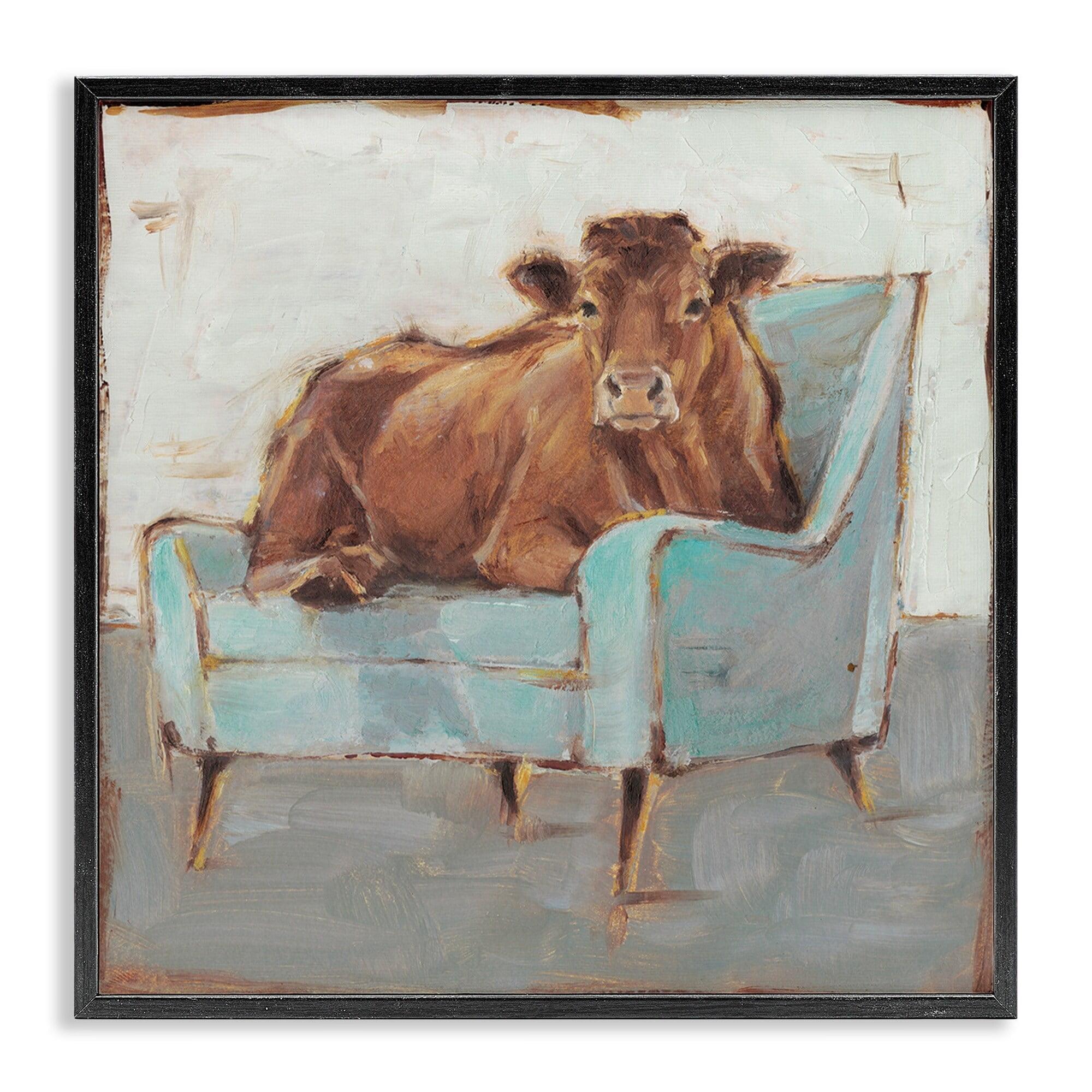 Stupell Industries Brown Bull on a Blue Couch Neutral Color Painting, 24 x 24,Design by Ethan Harper