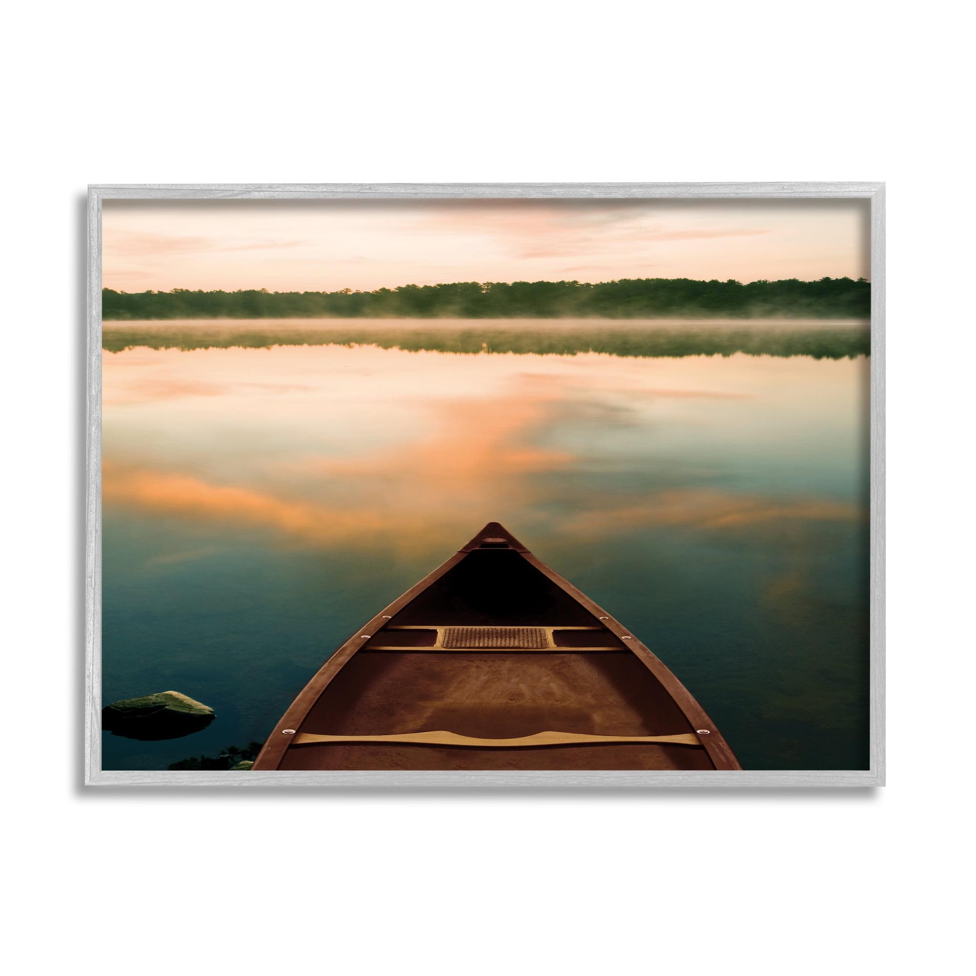 Canoe on Lake Warm Sunrise Canvas Print with Gray Frame