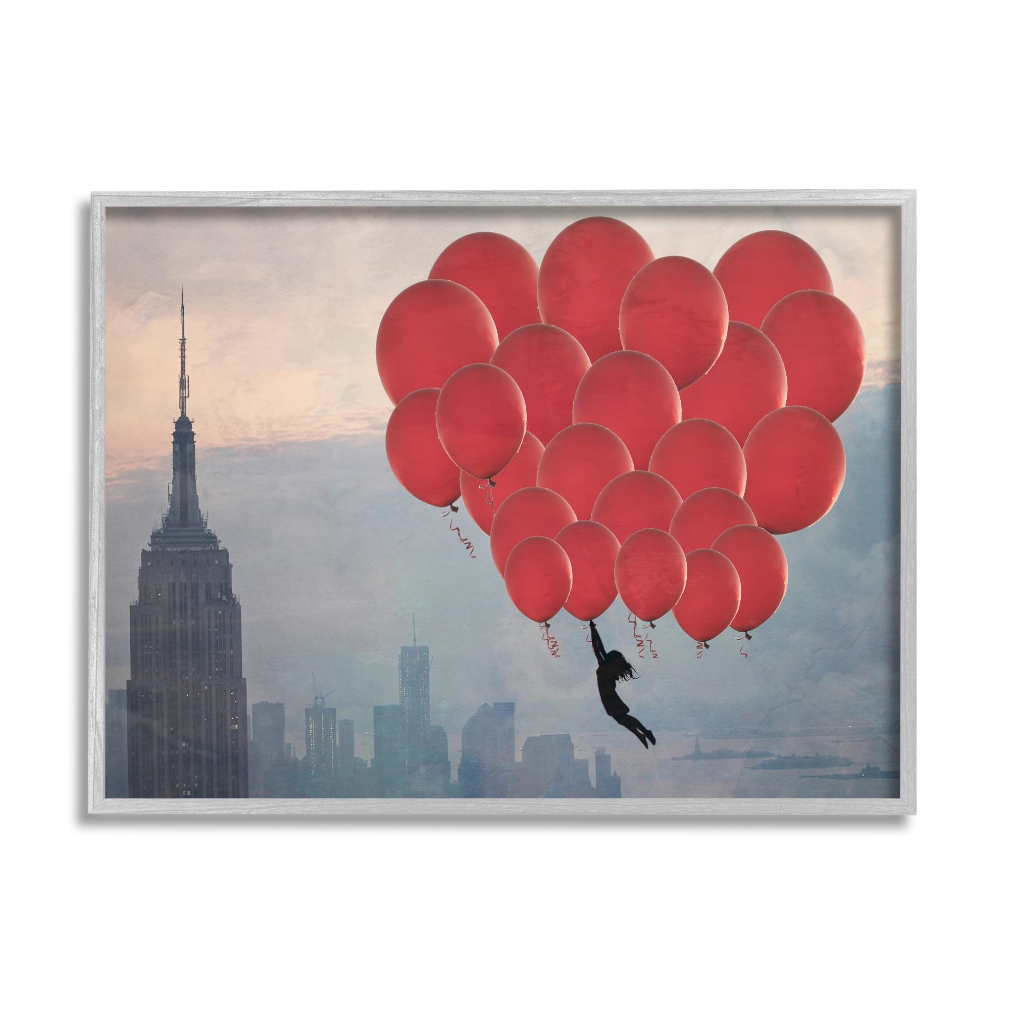 Cityscape Girl with Red Balloons Abstract Framed Canvas Print