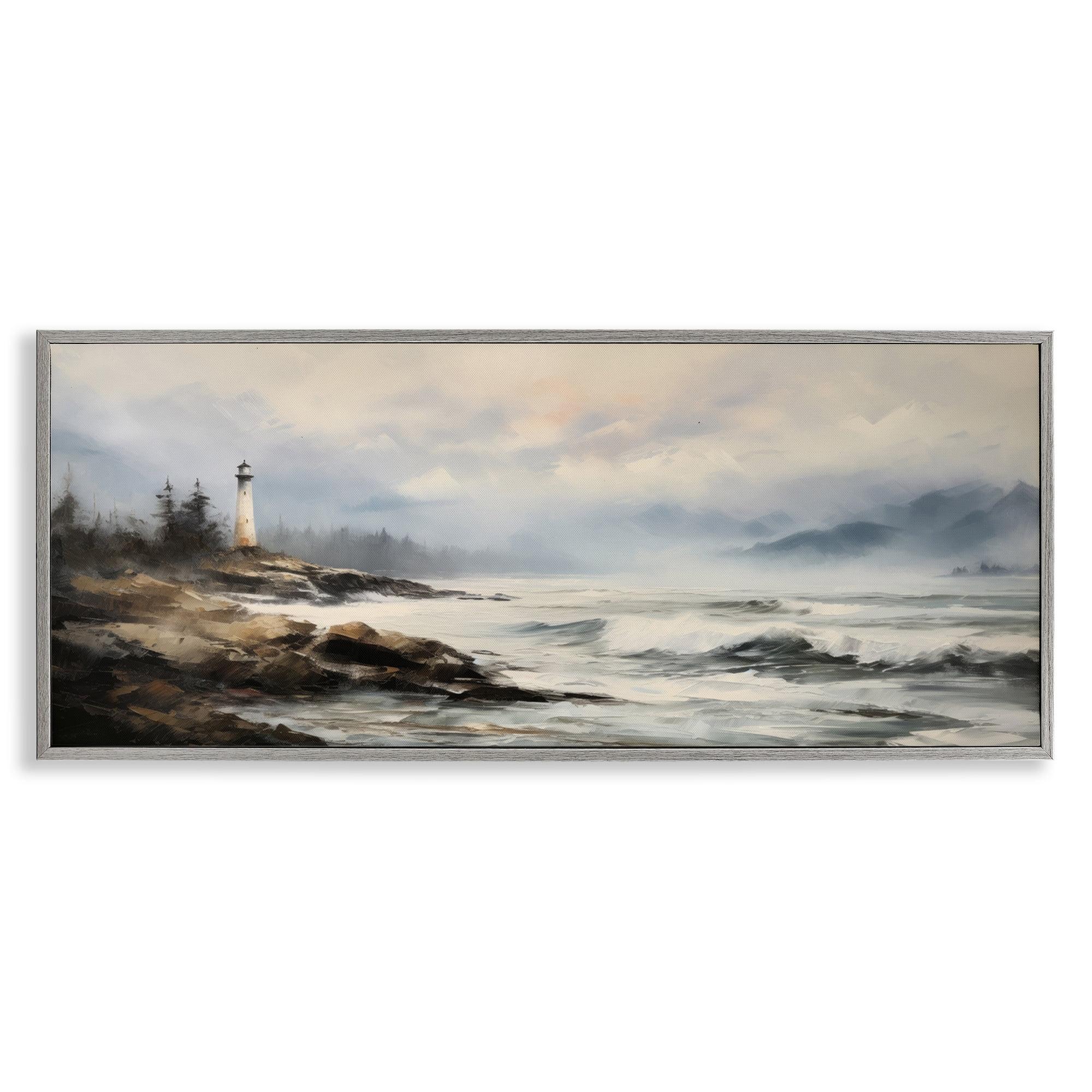 Stupell Industries Coastal Lighthouse Waves Coastal Painting Gray Framed Art Print Wall Art, 24 x 10
