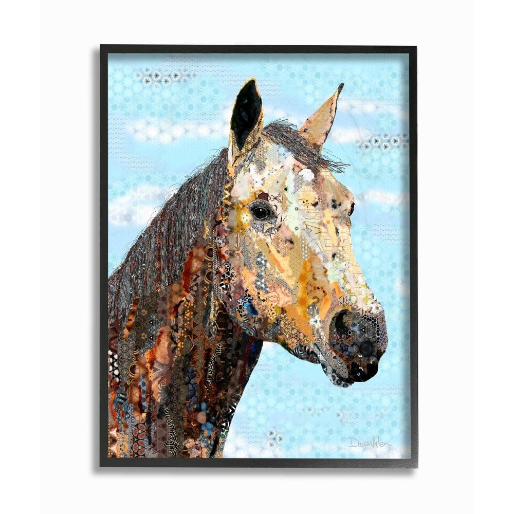 Stupell Industries Colorful Abstract Horse Animal Cool Blue Collage Design Framed Giclee Texturized Art by Dawn Allen