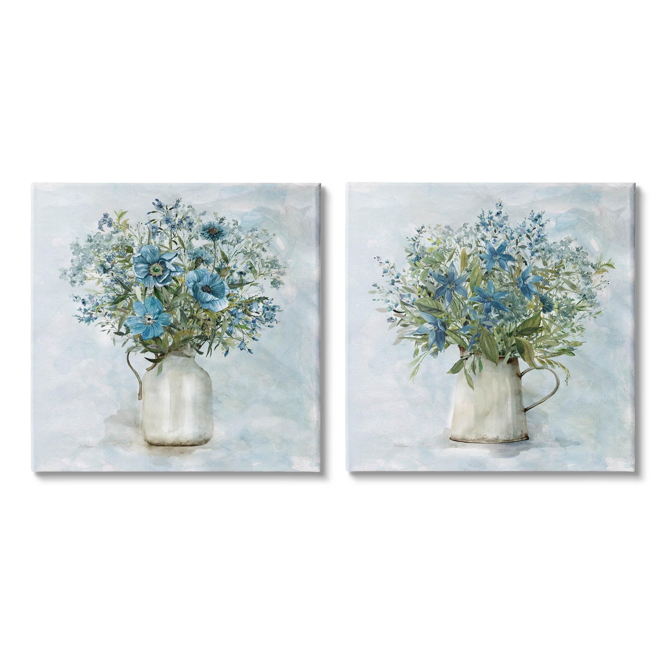 Country Blue Floral Bouquet Canvas Wall Art Set