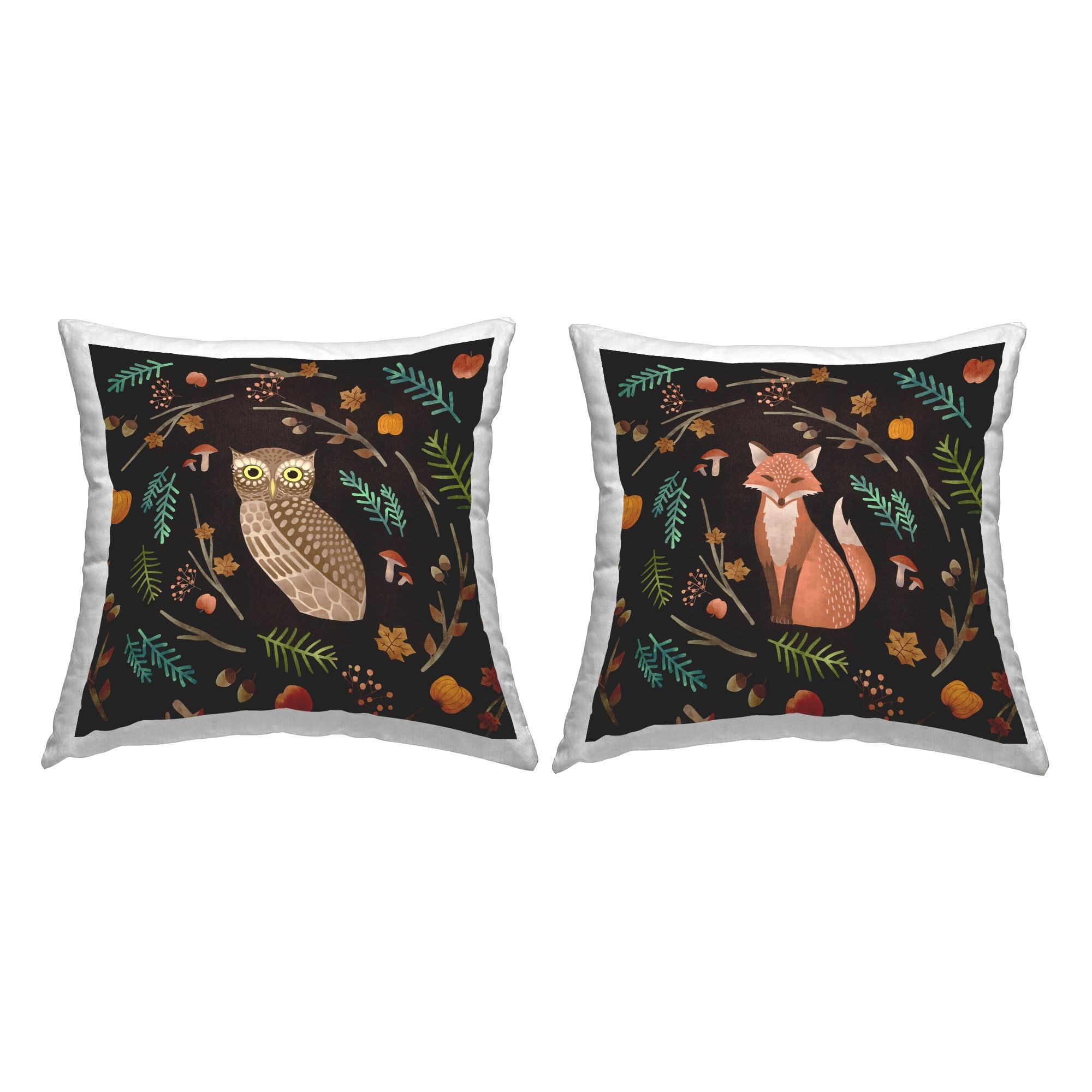 Colorful Boho-chic Graphic Owl and Fox Throw Pillows Set