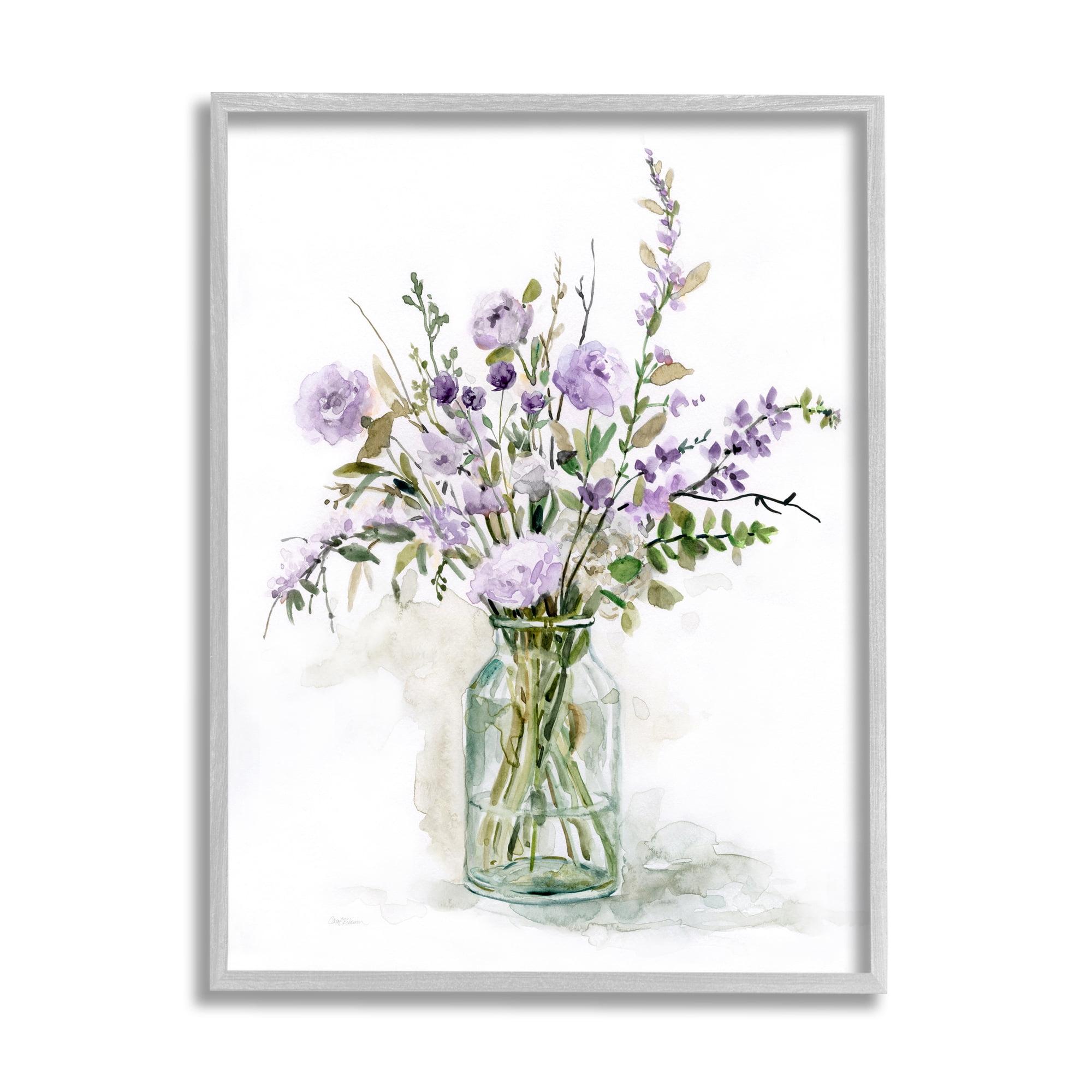 Lavender Blooms in Glass Vase Canvas Print with Gray Frame