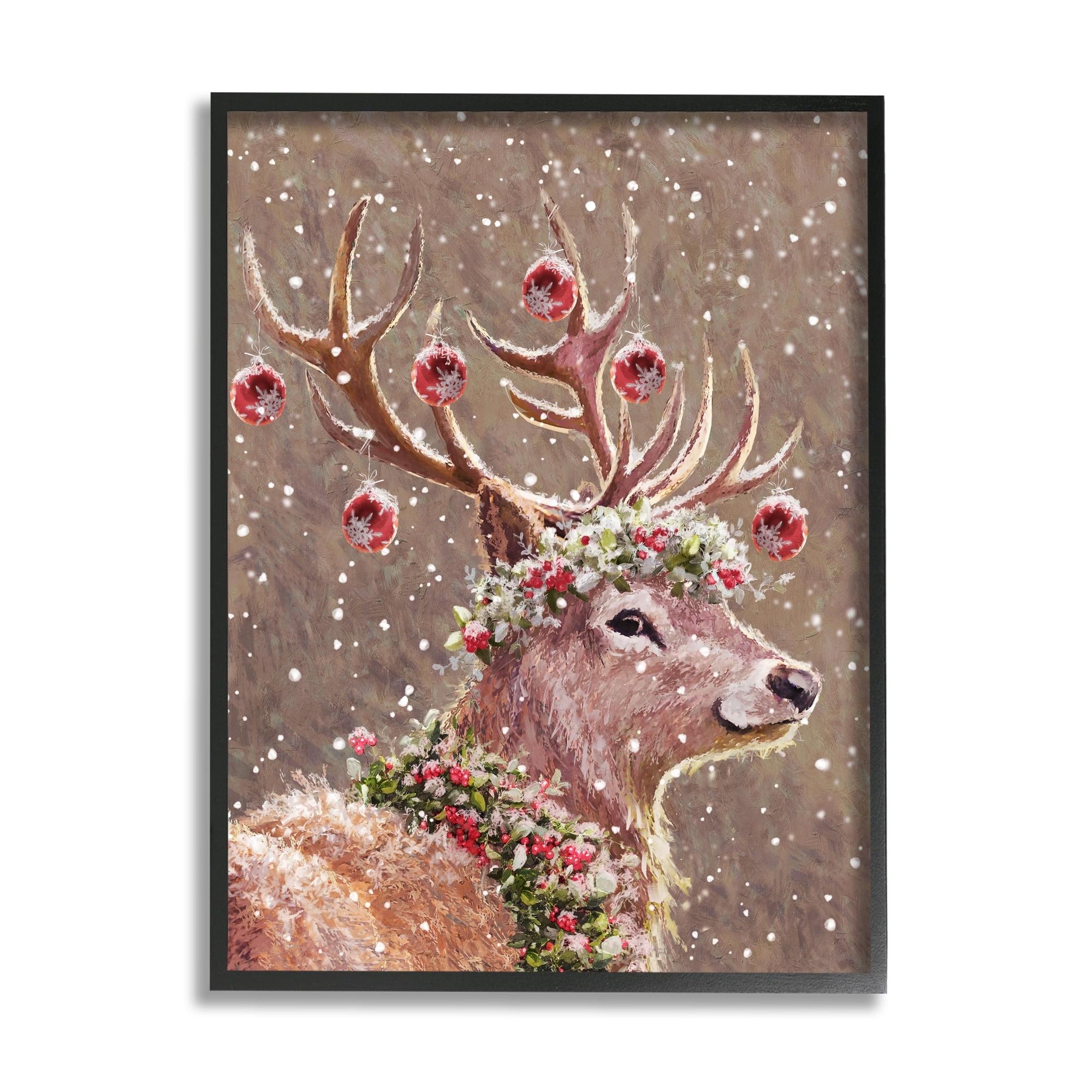 Festive Deer with Ornaments Canvas Print in Black Frame