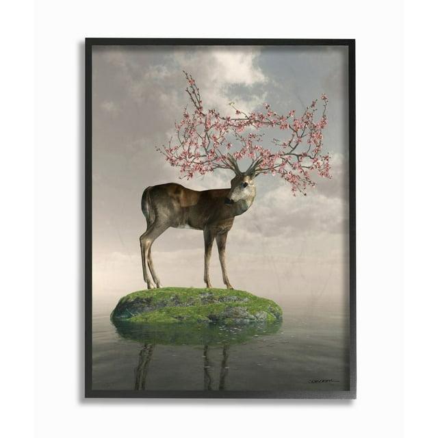 Stupell Industries Deer Tree Island Abstract Animal Design Framed Wall Art by Cynthia Decker, 24" x 30", Black Framed