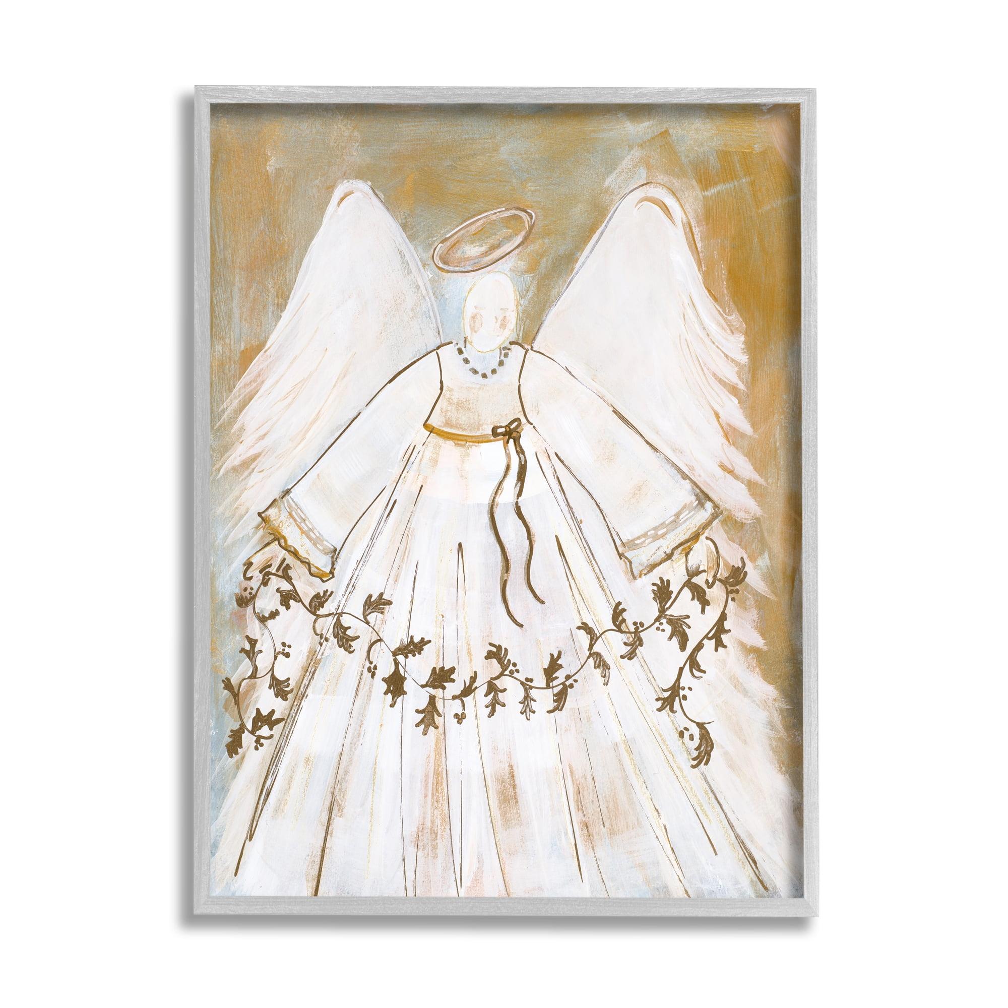 Stupell Industries Divine Angel Holding Winter Holy Vine Gold White Classic Painting Gray Framed Art Print Wall Art, 16 x 20, Design by Robin Maria