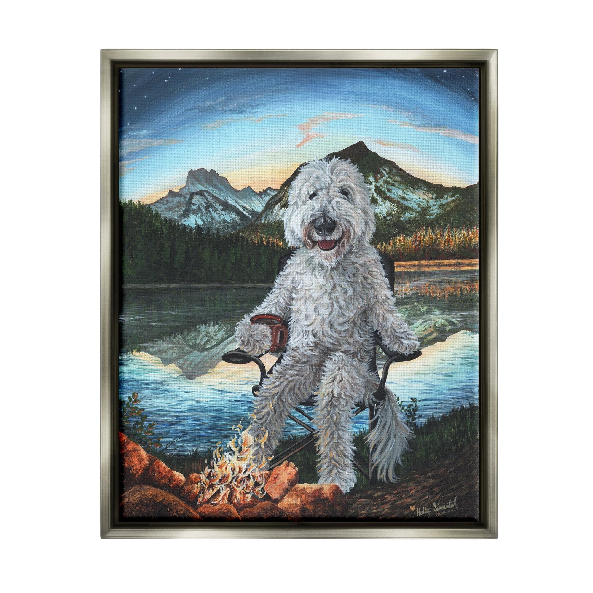 Dog by Campfire Landscape Gray Framed Canvas Wall Art