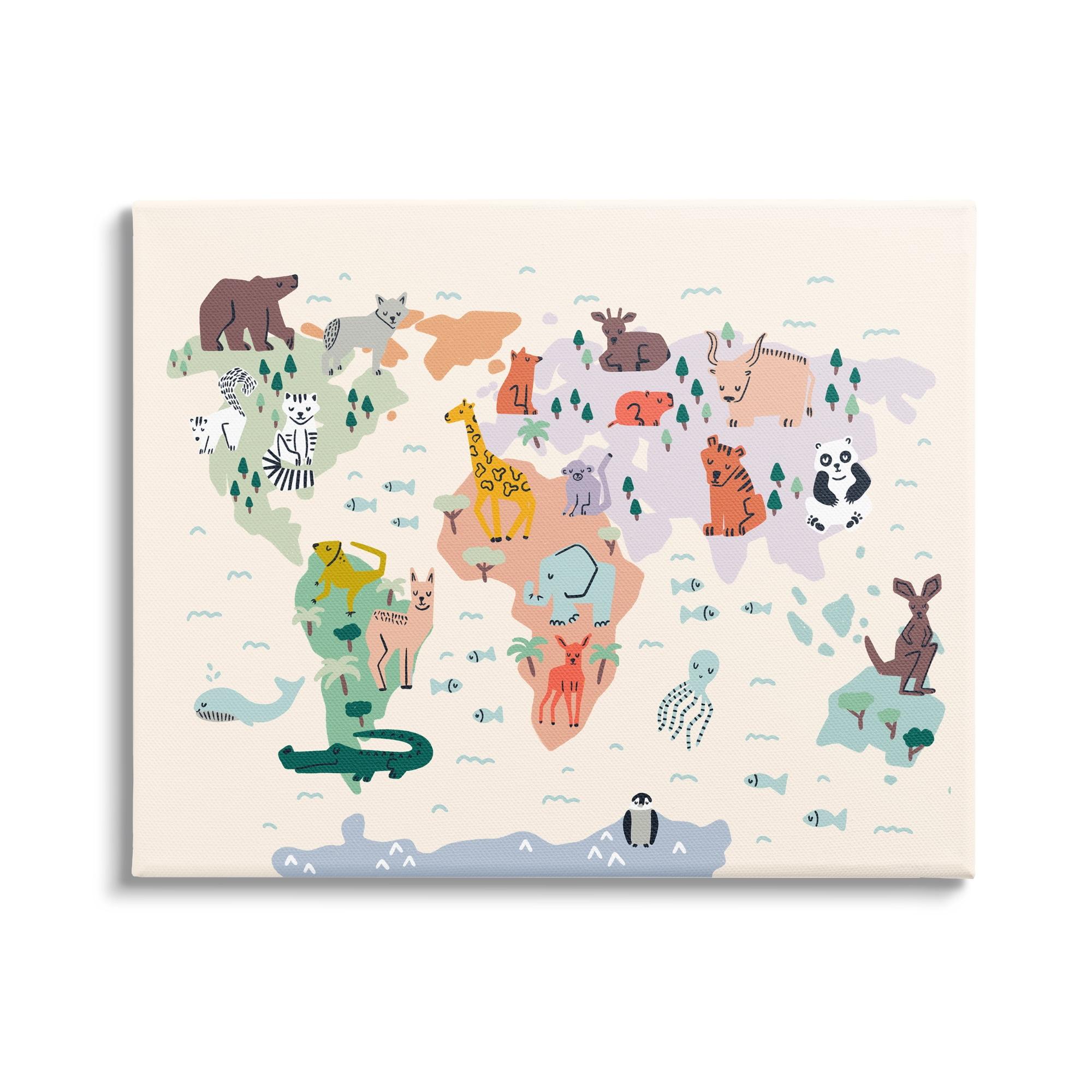 Stupell Industries " Educational World Map Native Animals Wildlife Chart " by Dominika Godette