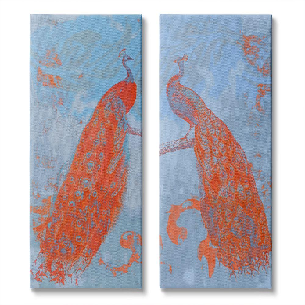 Stupell Industries Elegant Peacock Feathers Forest Bird Blue Orange Canvas Wall Art Design by Jennifer Goldberger, 2 Piece, 10" x 24"