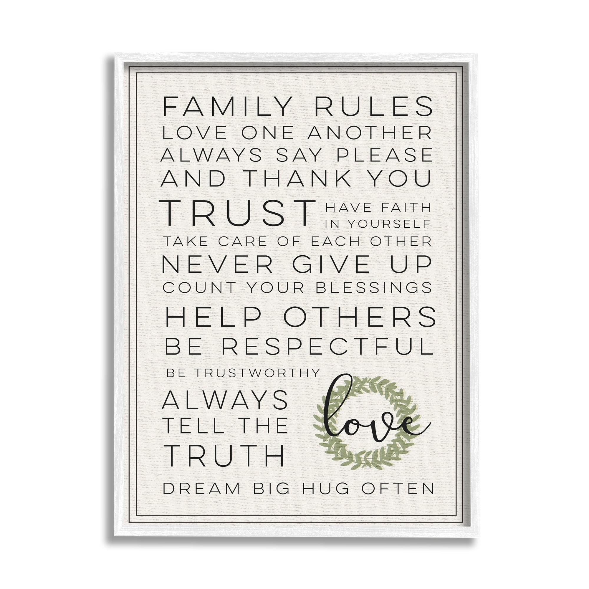 Family Rules Inspirational Text White Framed Art Print, 16x20