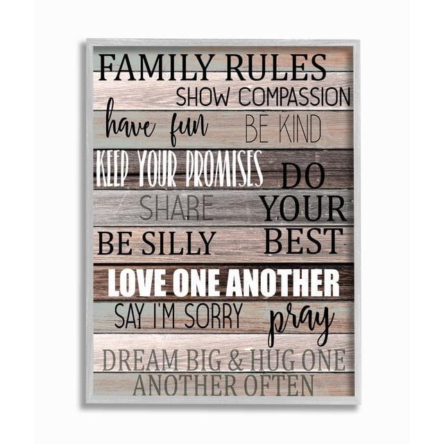 Stupell Industries Family Rules Text Fun Wood Grain Rustic Tan Teal Framed Wall Art Design by Kim Allen, 11" x 14", Gray Framed