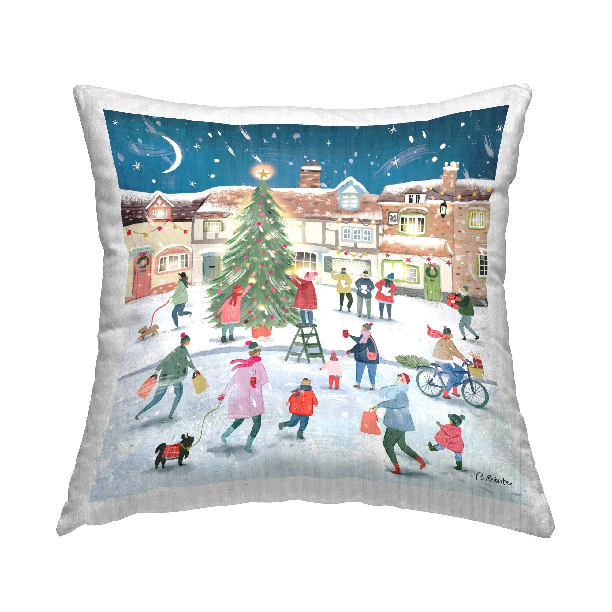 Festive Winter Town Christmas Tree Square Throw Pillow