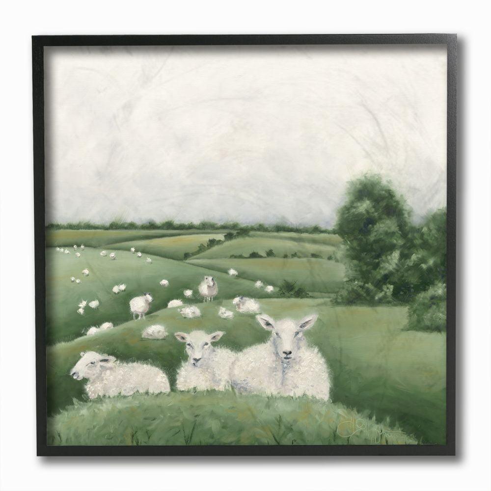 Flock of Sheep in Green Rolling Hills Canvas Print with Black Frame