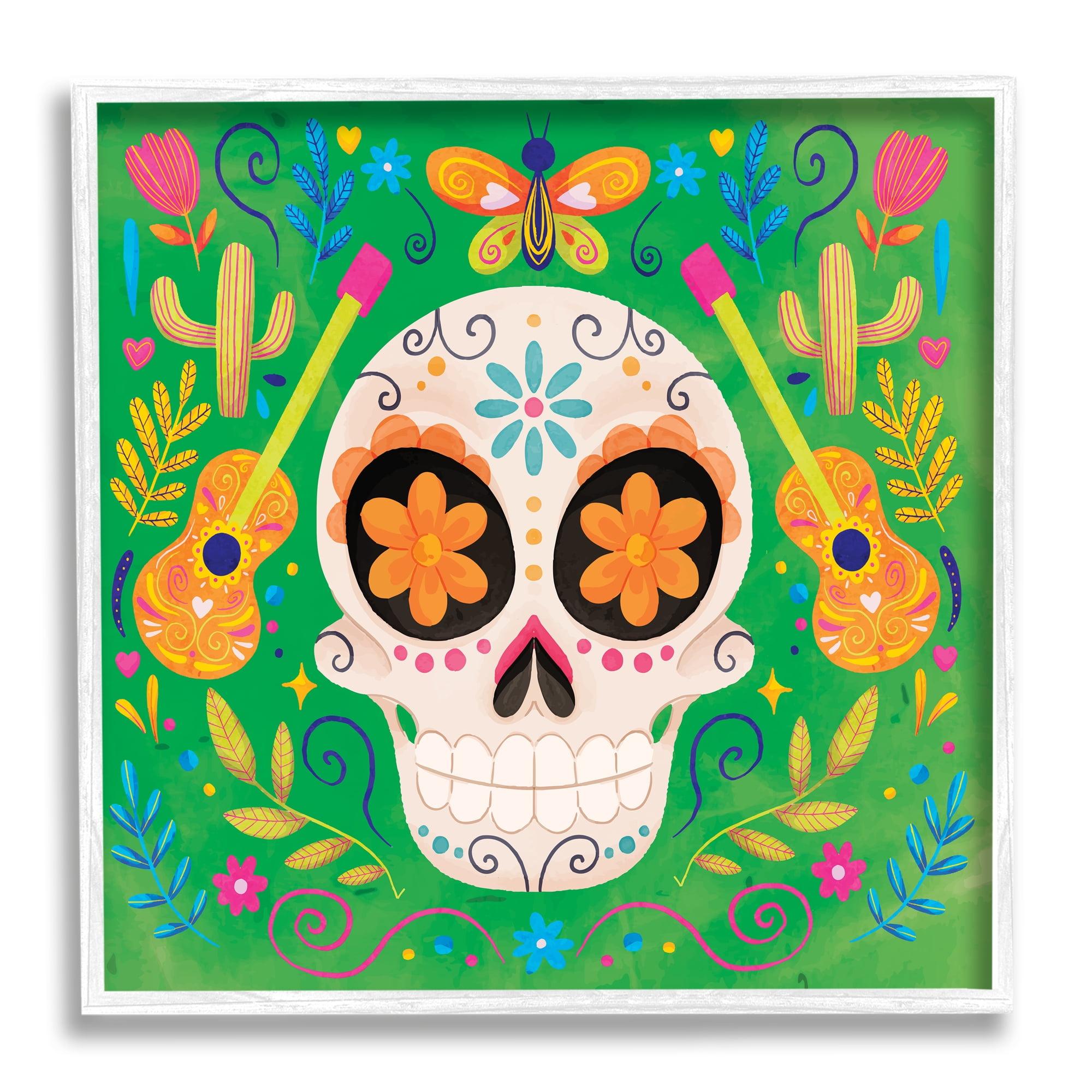 Floral Day of the Dead Skull Canvas Print with White Frame