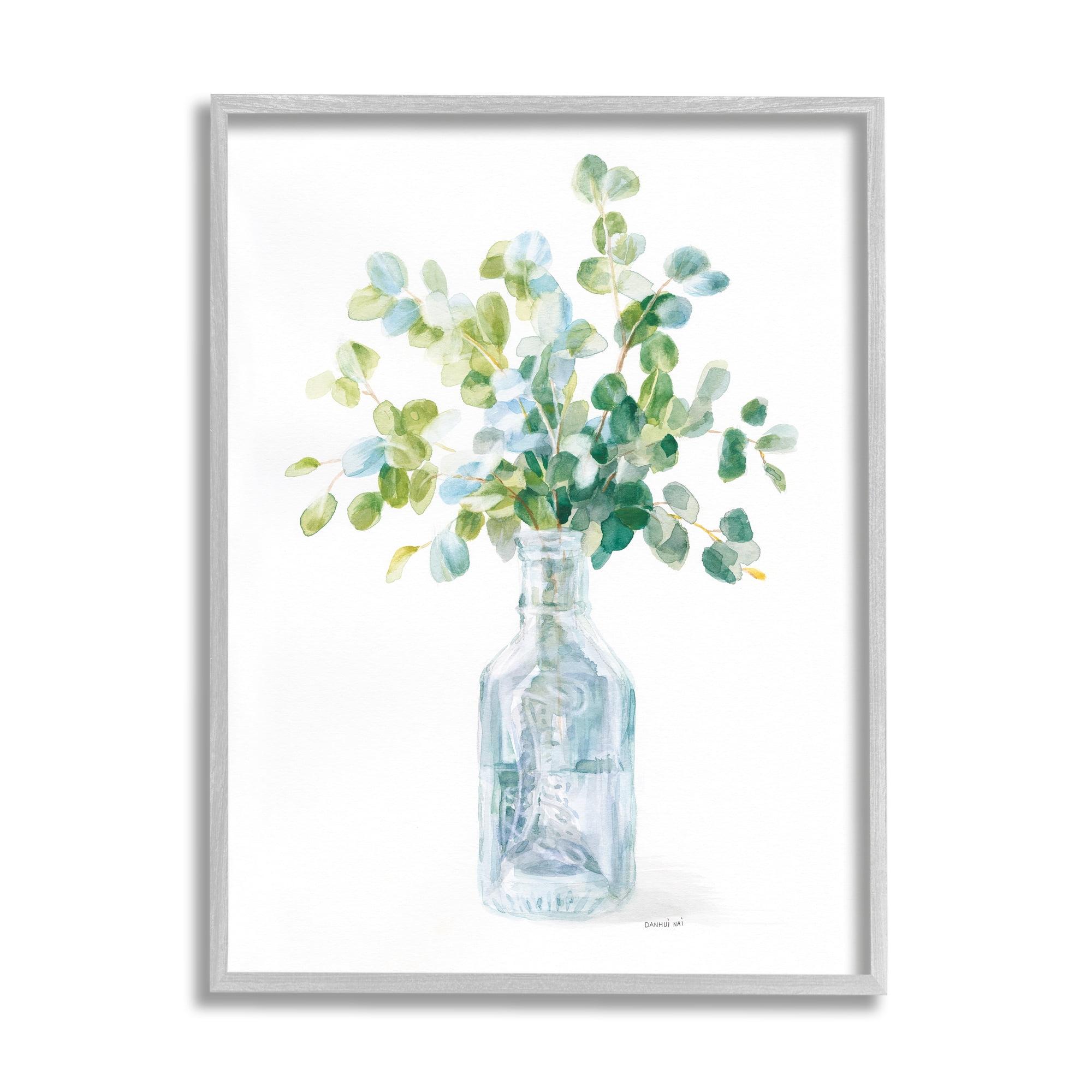 Green and Blue Flower Jar Still Life Canvas Print with Gray Frame, 24x30