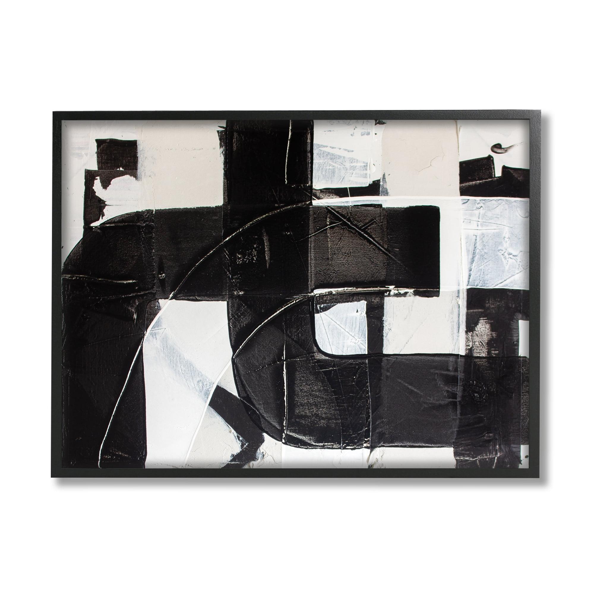 Geometric Black and White Industrial Abstract Wall Art with Ebony Wood Frame, 11 x 14