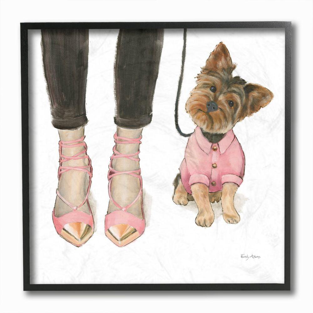 Stupell Industries Glam Dog Walk Heels Fashion Pink Gold Design Framed Wall Art Design by Emily Adams, 12" x 12", Black Framed