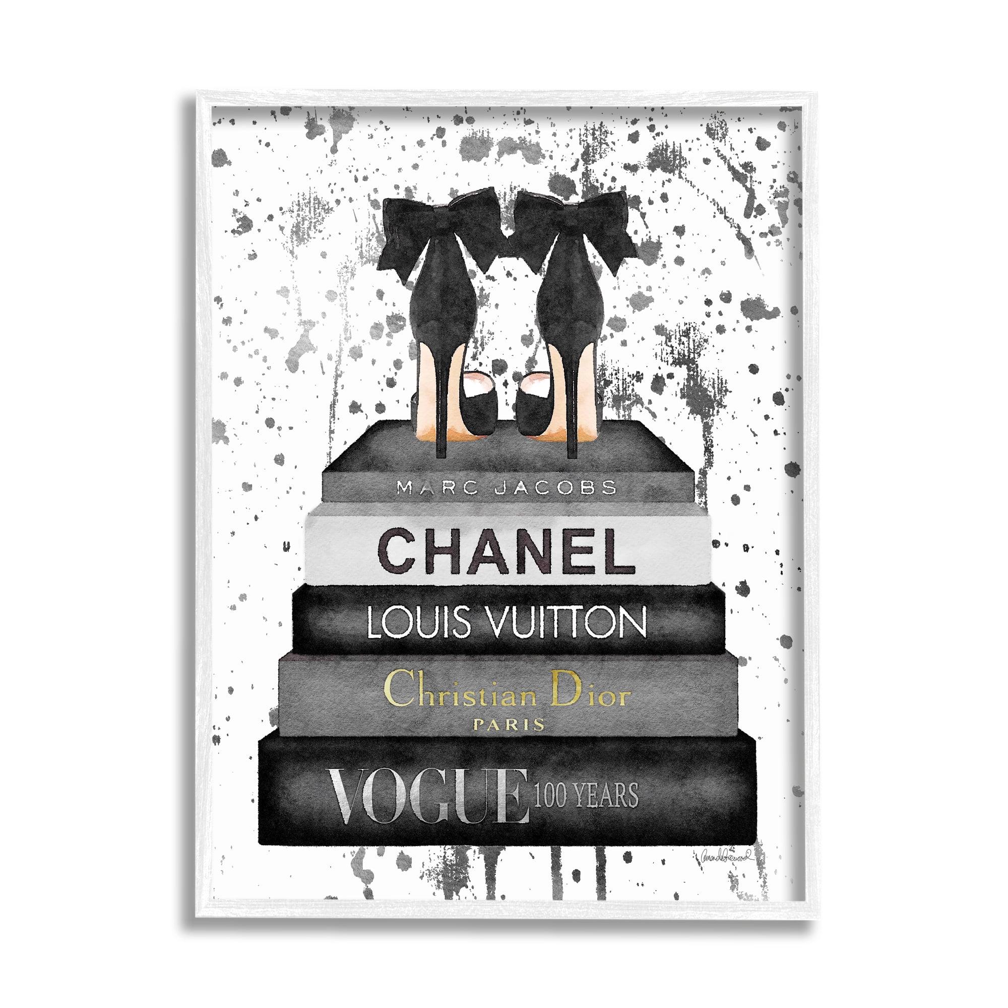 Glam Fashion Book Stack Black and White Framed Print