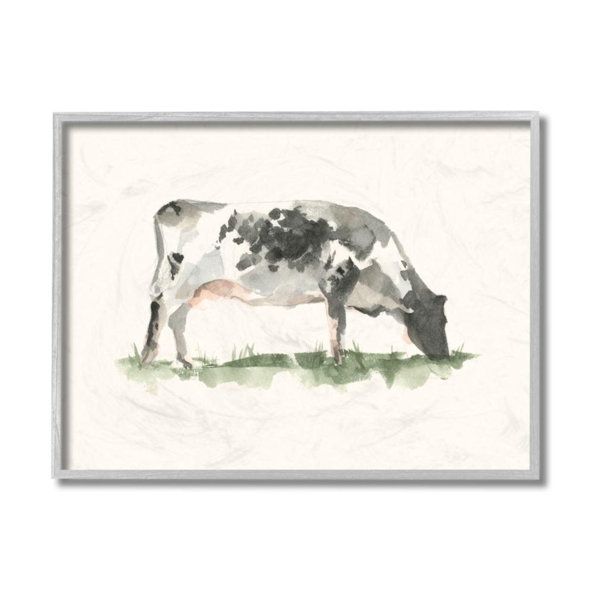 Stupell Industries Grazing Farm Cattle Neutral Cow Field Watercolor Design by Ethan Harper, 11" x 14", Gray Framed