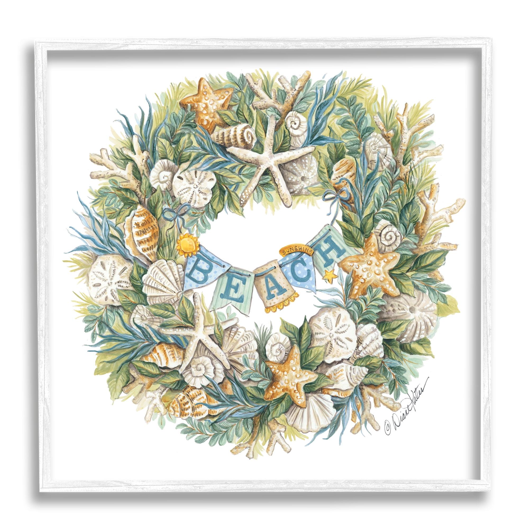 Stupell Industries Holiday Beach Seashell Wreathe Nautical Christmas Paintings White Framed Art Print Wall Art, 12x12, by Diane Kater