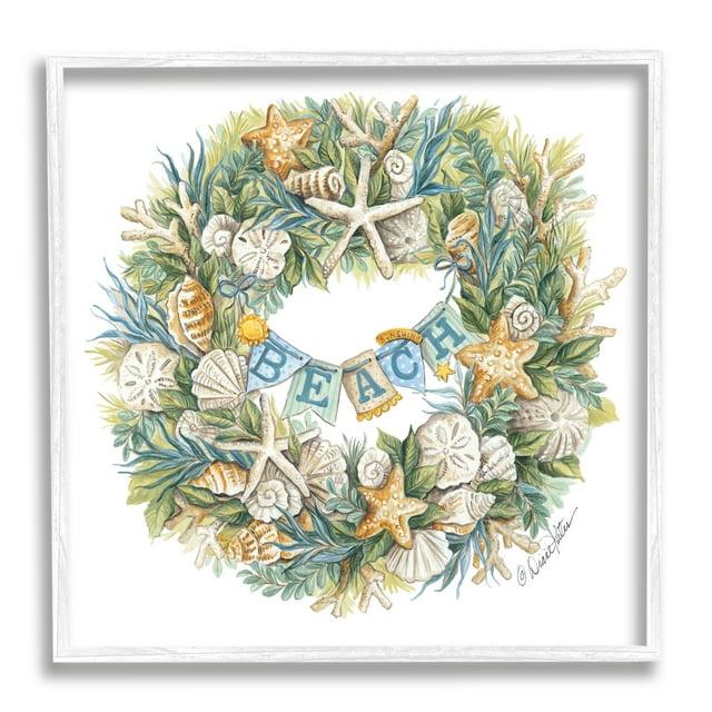 Stupell Industries Holiday Beach Seashell Wreathe Nautical Christmas Paintings White Framed Art Print Wall Art, 12x12, by Diane Kater
