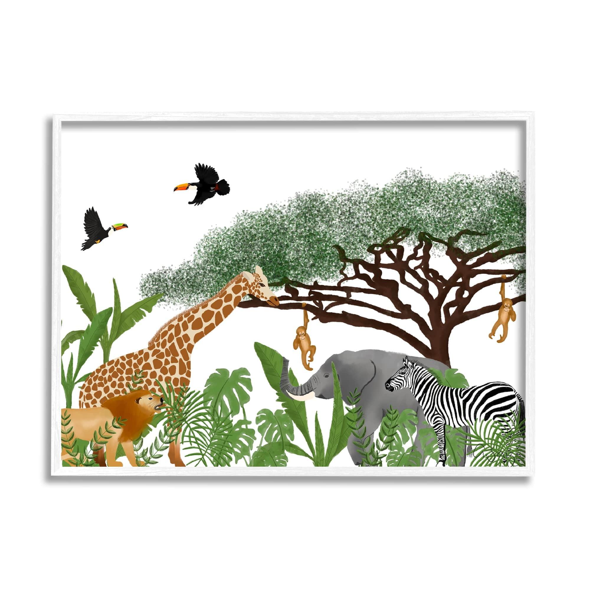 White Framed Jungle Wildlife Animals Canvas Print for Kids