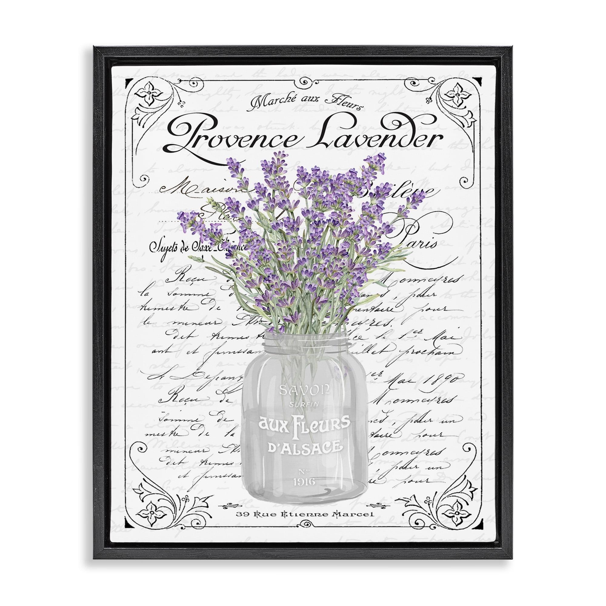 Lavender Sprigs Bouquet French Script Canvas Art in Black Frame