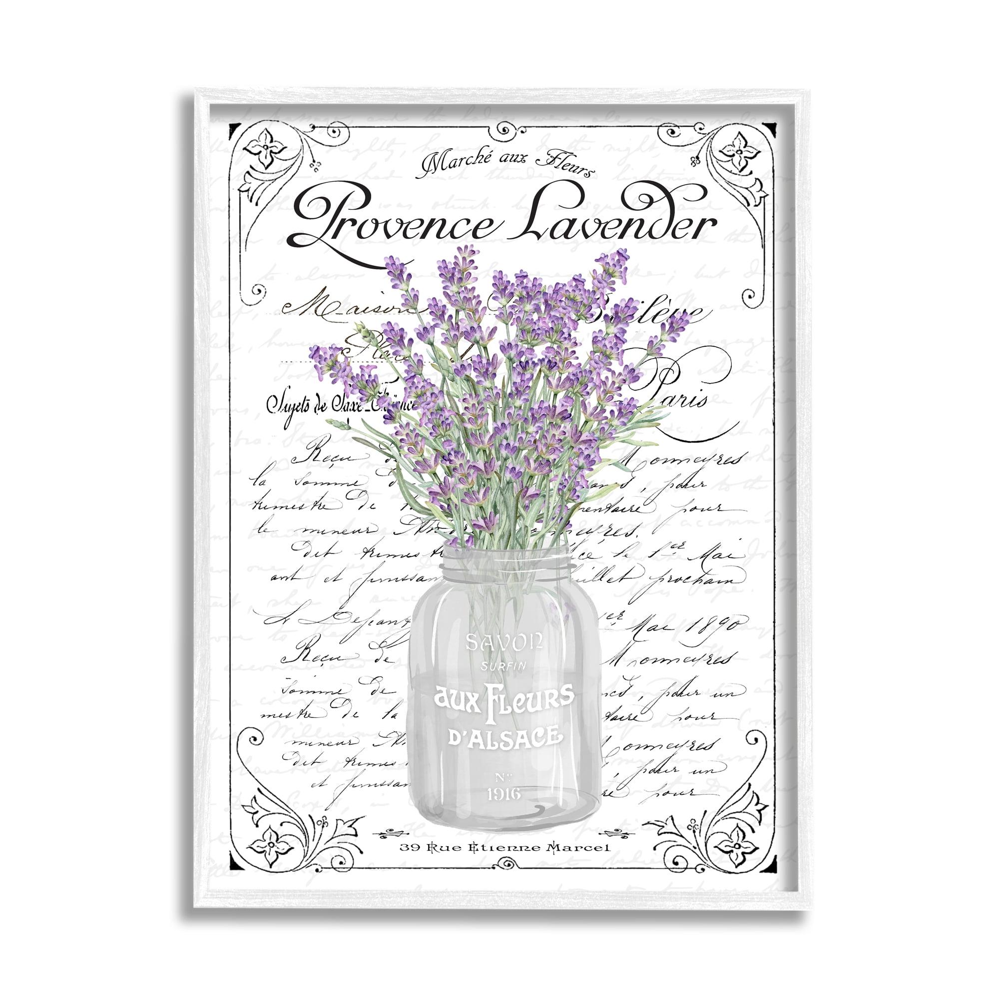 Lavender Sprigs Bouquet French Script Canvas Print in White Frame