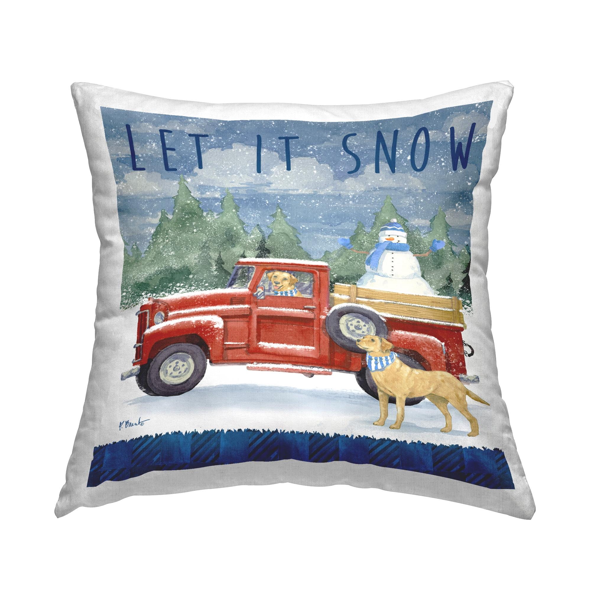 Let It Snow Red Truck and Dogs Square Throw Pillow