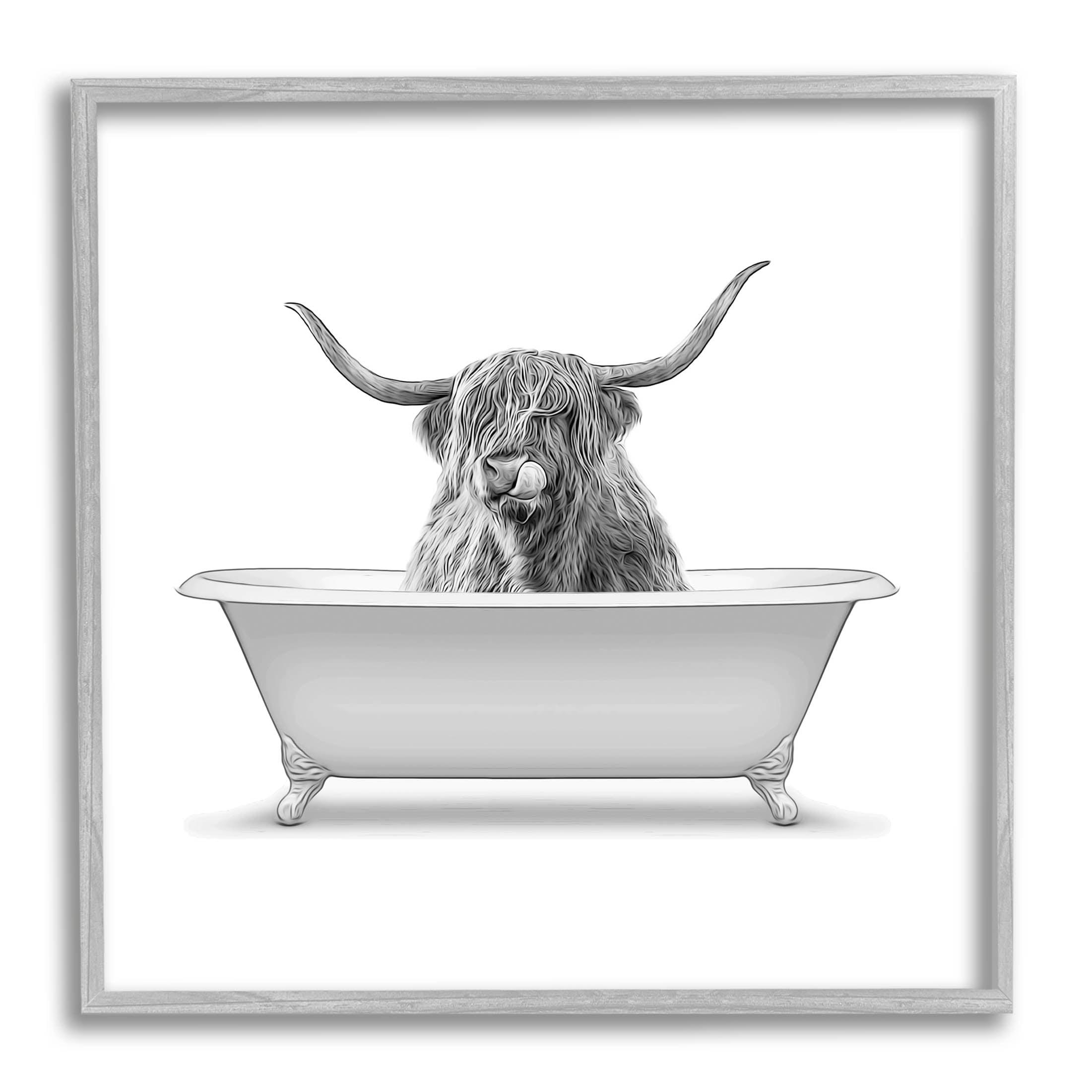 Stupell Longhorn Highland Cow Bath Tub Framed Giclee