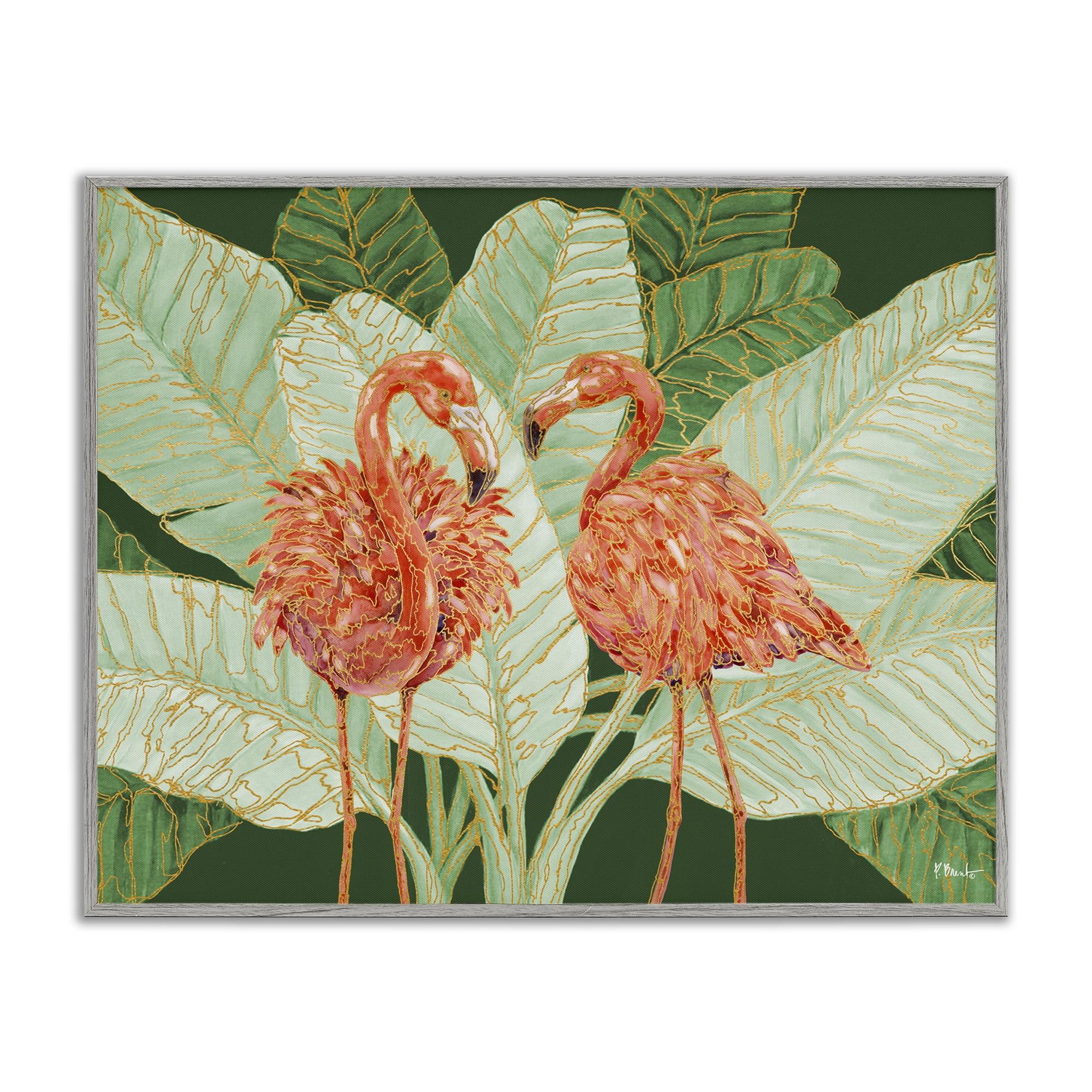 Stupell Industries Martinique Flamingos & Leaves Animals & Insects Painting Gray Framed Art Print Wall Art, 20 x 16
