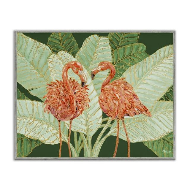 Stupell Industries Martinique Flamingos & Leaves Animals & Insects Painting Gray Framed Art Print Wall Art, 20 x 16