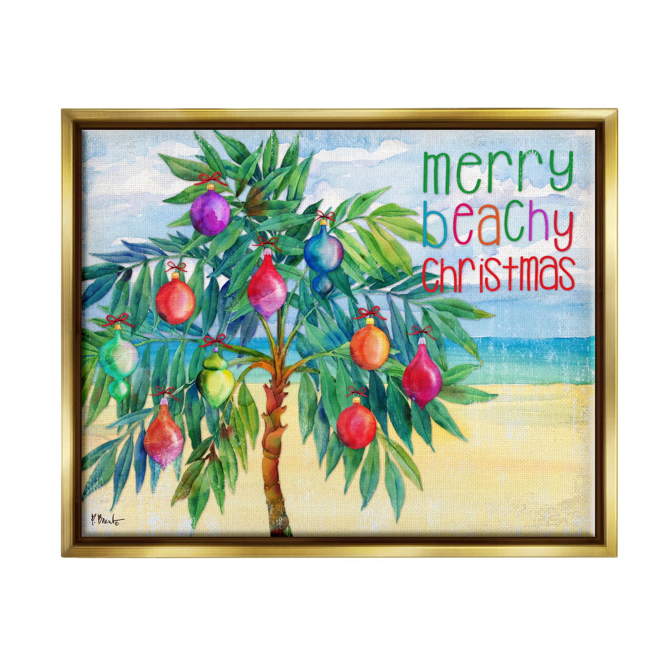 Stupell Industries Merry Beachy Christmas Holiday Palm Graphic Art Metallic Gold Floating Framed Canvas Print Wall Art, Design by Paul Brent