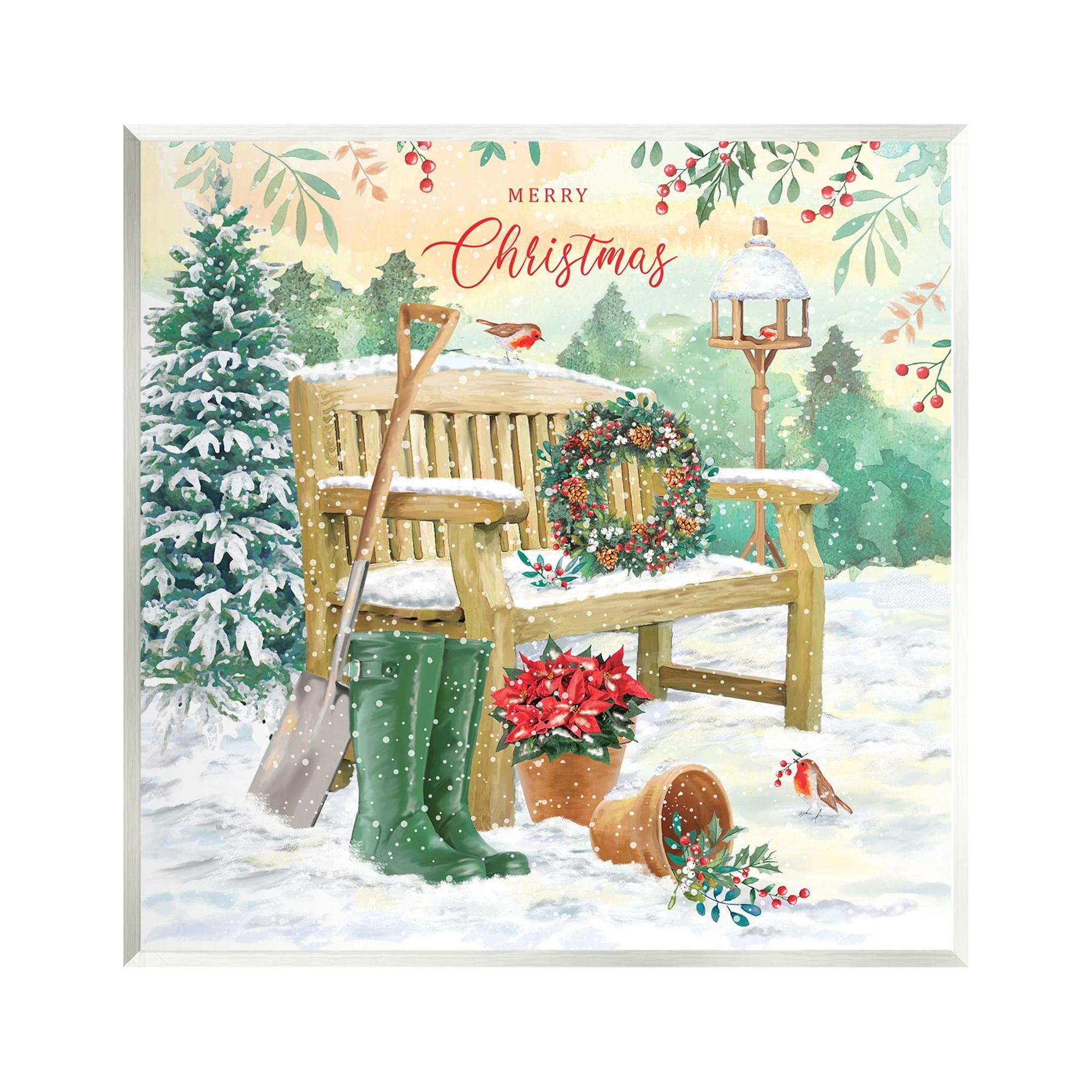 Merry Christmas Winter Bench Scene Wood Wall Art