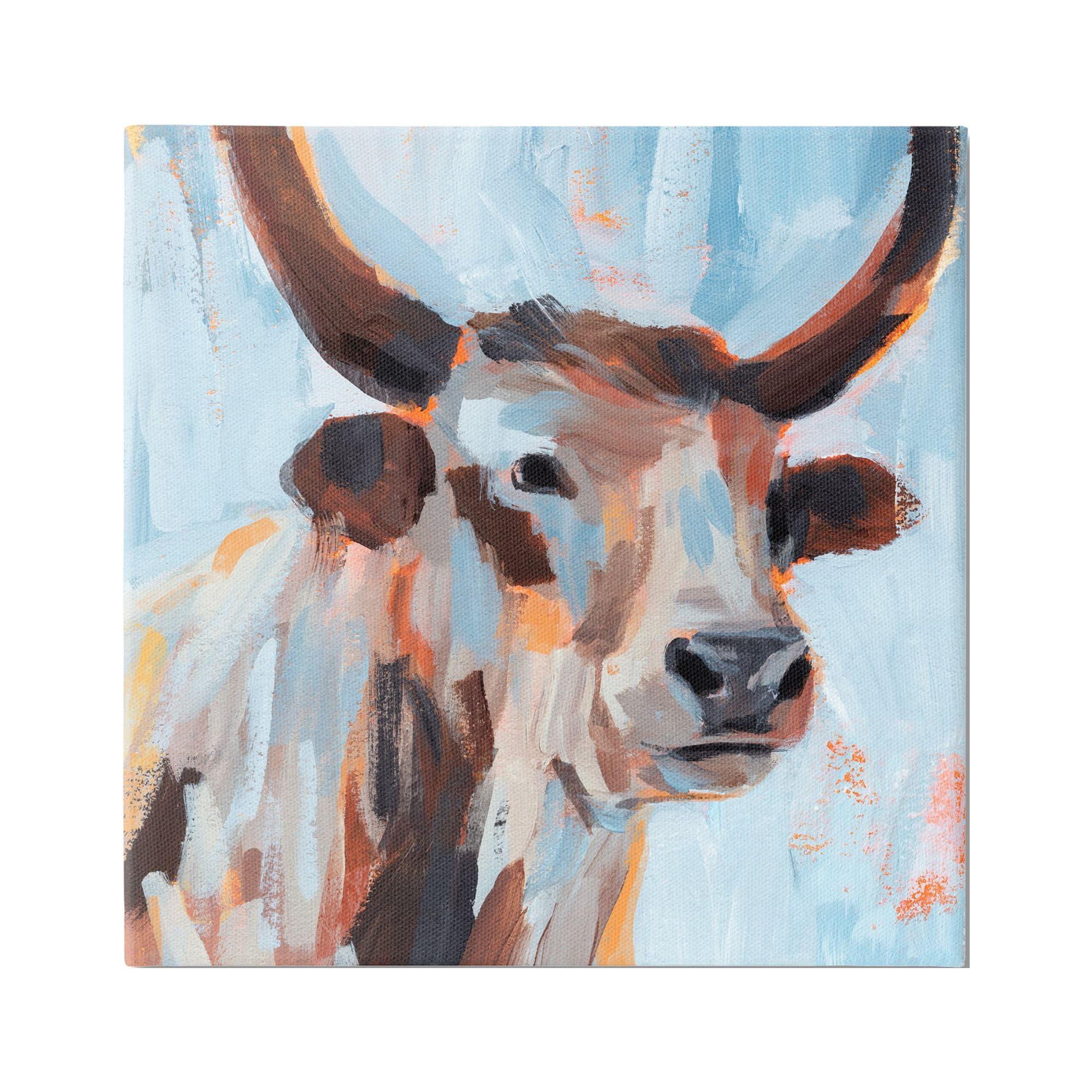 Modern Cattle Cow Brushstrokes Blue Canvas Wall Art, 30 x 30