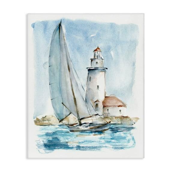 Stupell Industries Au-416-Canvas " Nautical Sailboat & Lighthouse " by Ethan Harper Painting Print