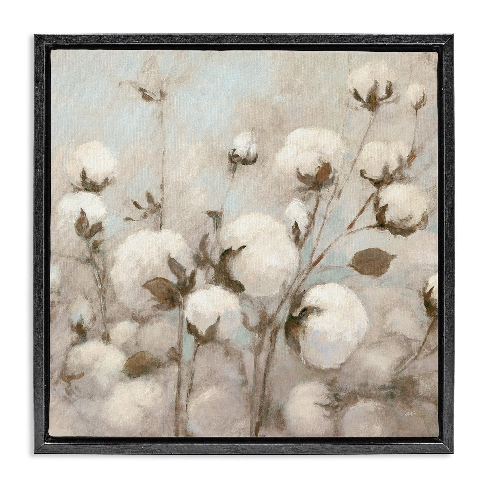 Neutral Cotton Flower Painting on Canvas with Black Frame, 18" x 18"