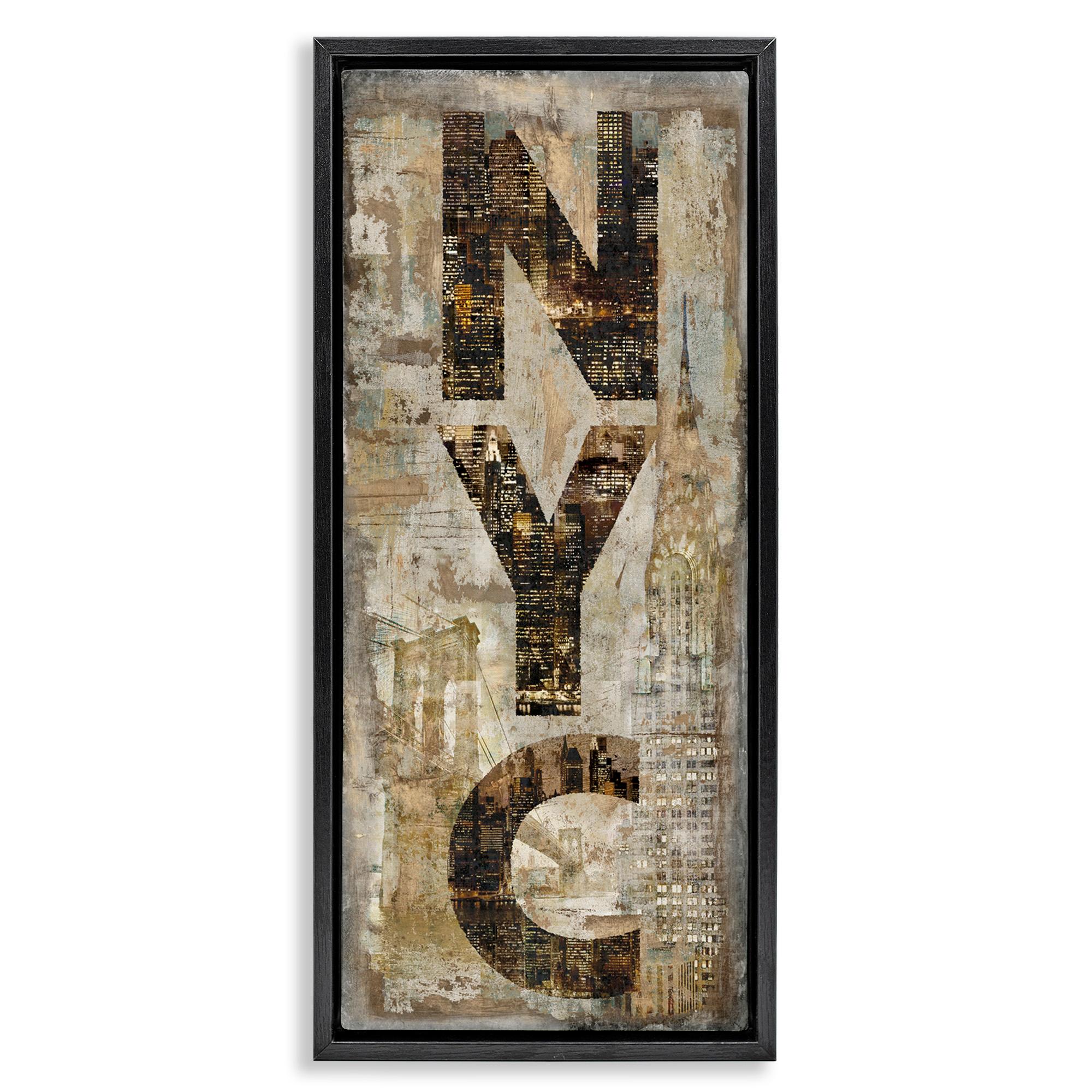 Stupell Industries New York City Montage Collage Town & City Painting Black Floater Framed Canvas Art Print Wall Art, 15 x 31