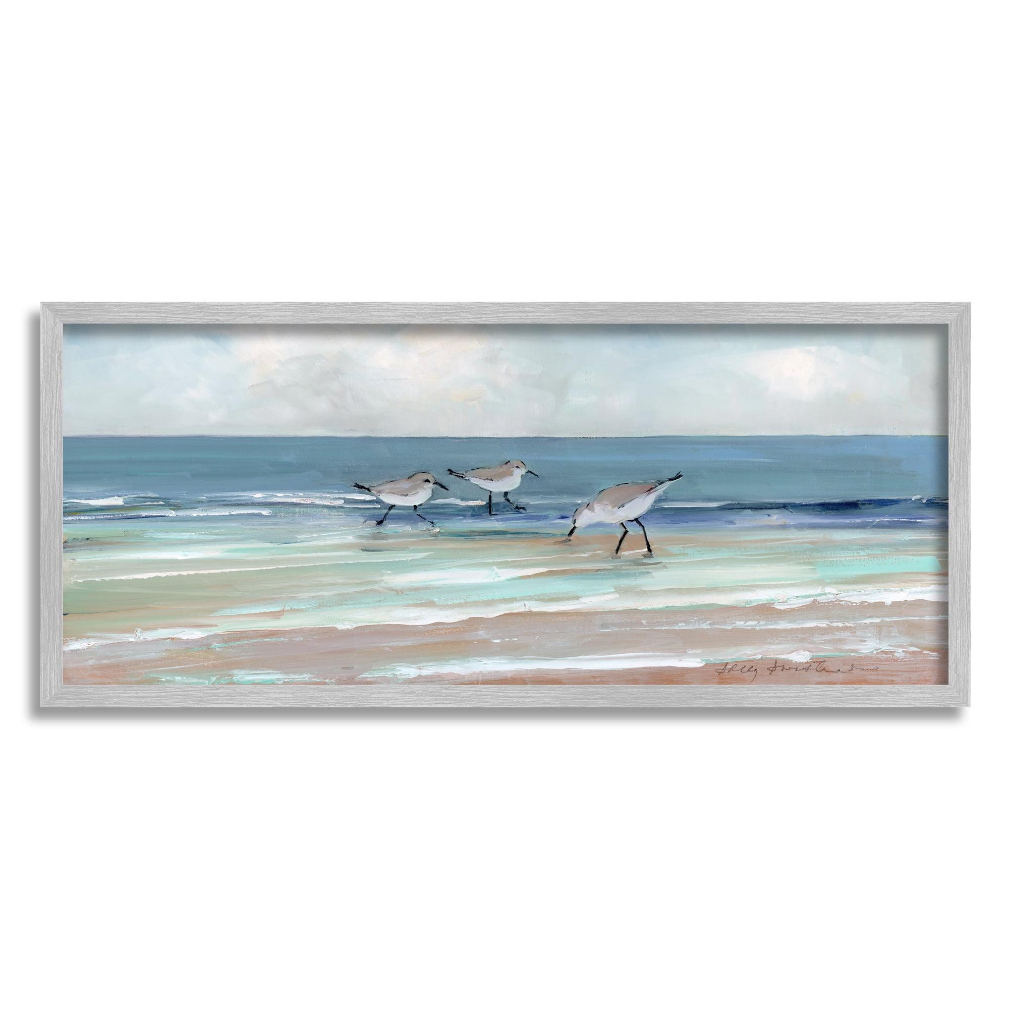 Stupell Industries Panoramic Sandpipers Birds Shoreline Ocean Landscape Painting Gray Framed Art Print Wall Art, 30x13, by Sally Swatland