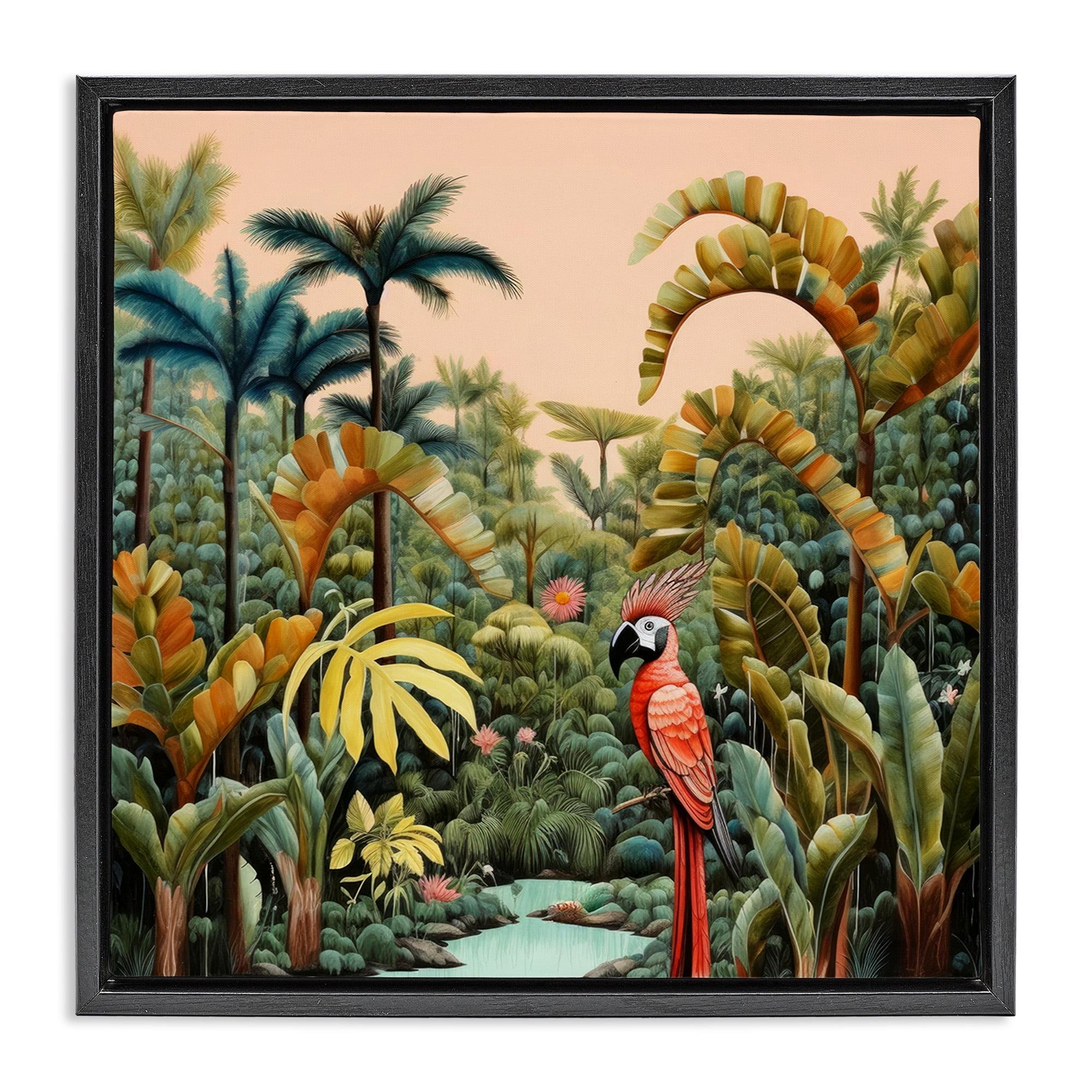 Stupell Industries Parrot in Tropical Vegetation Landscape Painting Black Floater Framed Canvas Art Print Wall Art, 18 x 18