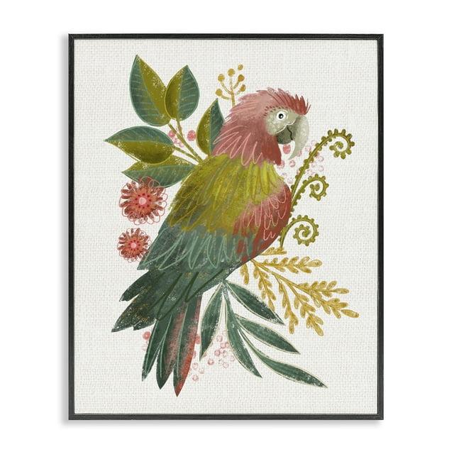 Stupell Industries Parrot with Eclectic Leaves Animals & Insects Painting Black Framed Art Print Wall Art, 16 x 20