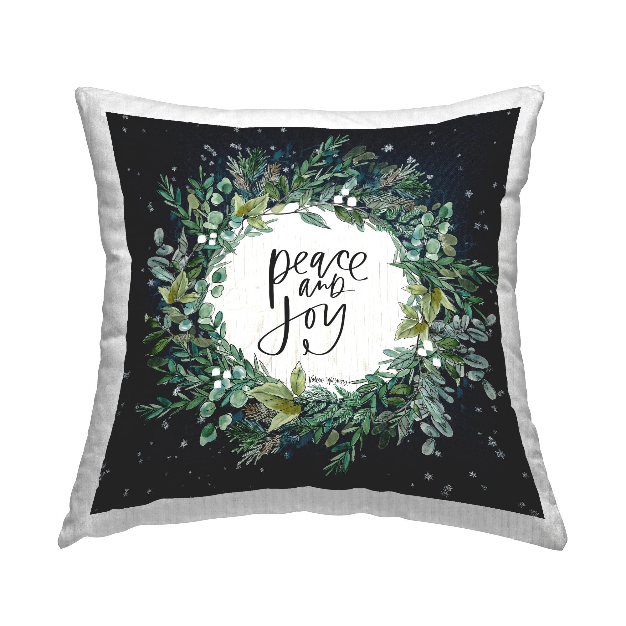 Peace and Joy Wreath Snowfall Green Floral Polyester Throw Pillow