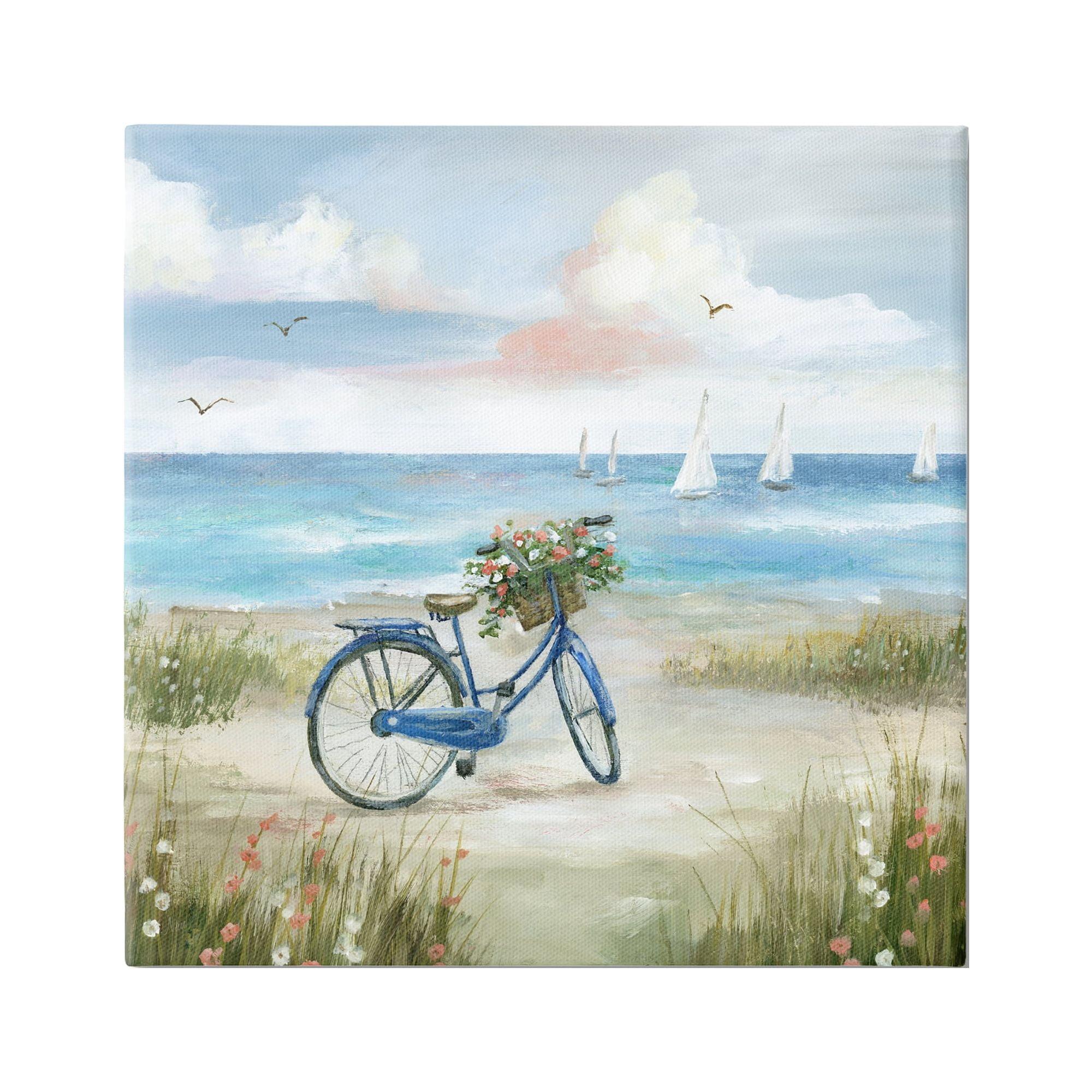Stupell Industries " Peaceful Bicycle Flower Basket Scenic Ocean Sailboats " by Nan Painting Print