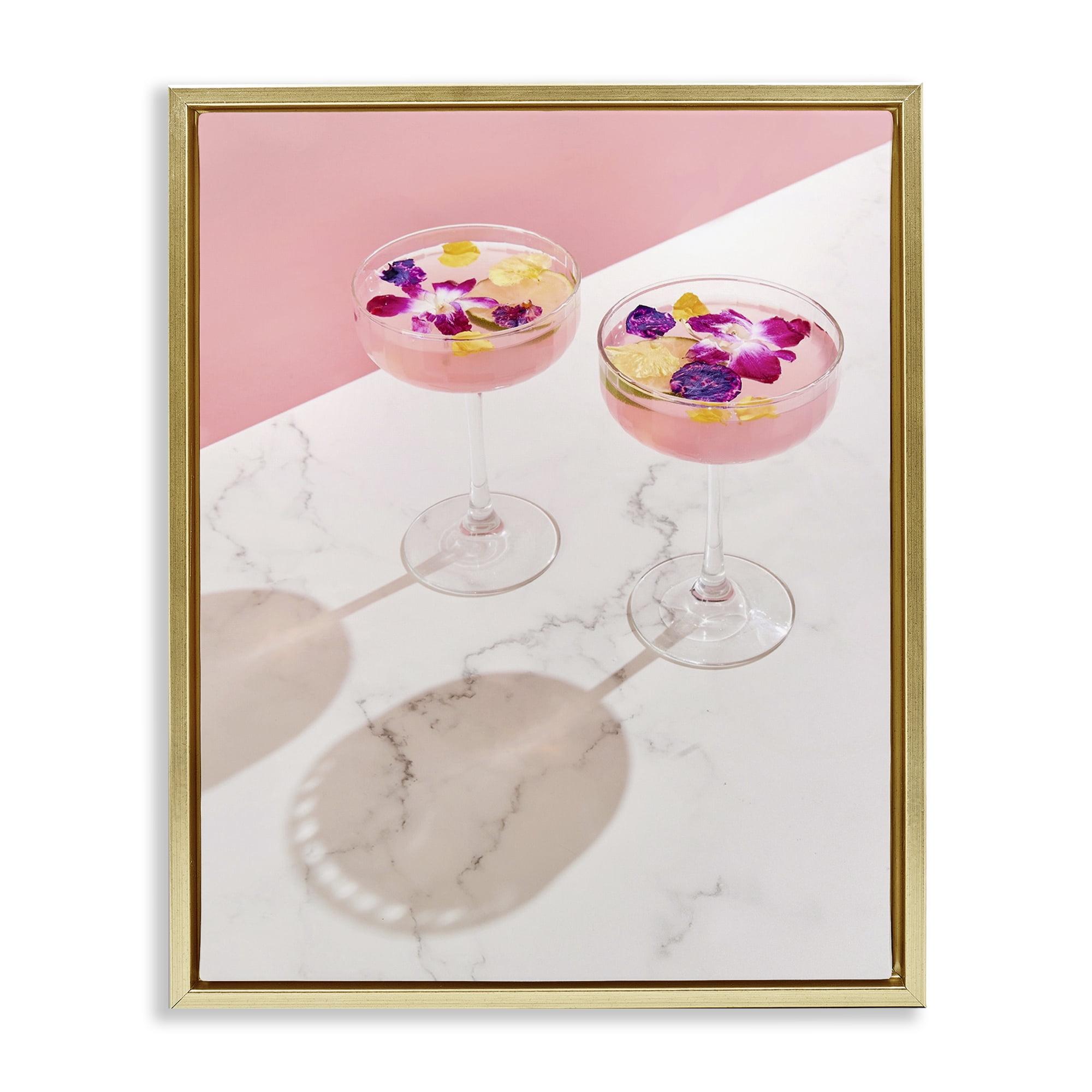 Stupell Industries Pink Floral Cocktails Food & Beverage Painting Gold Floater Framed Art Print Wall Art, 17 x 21